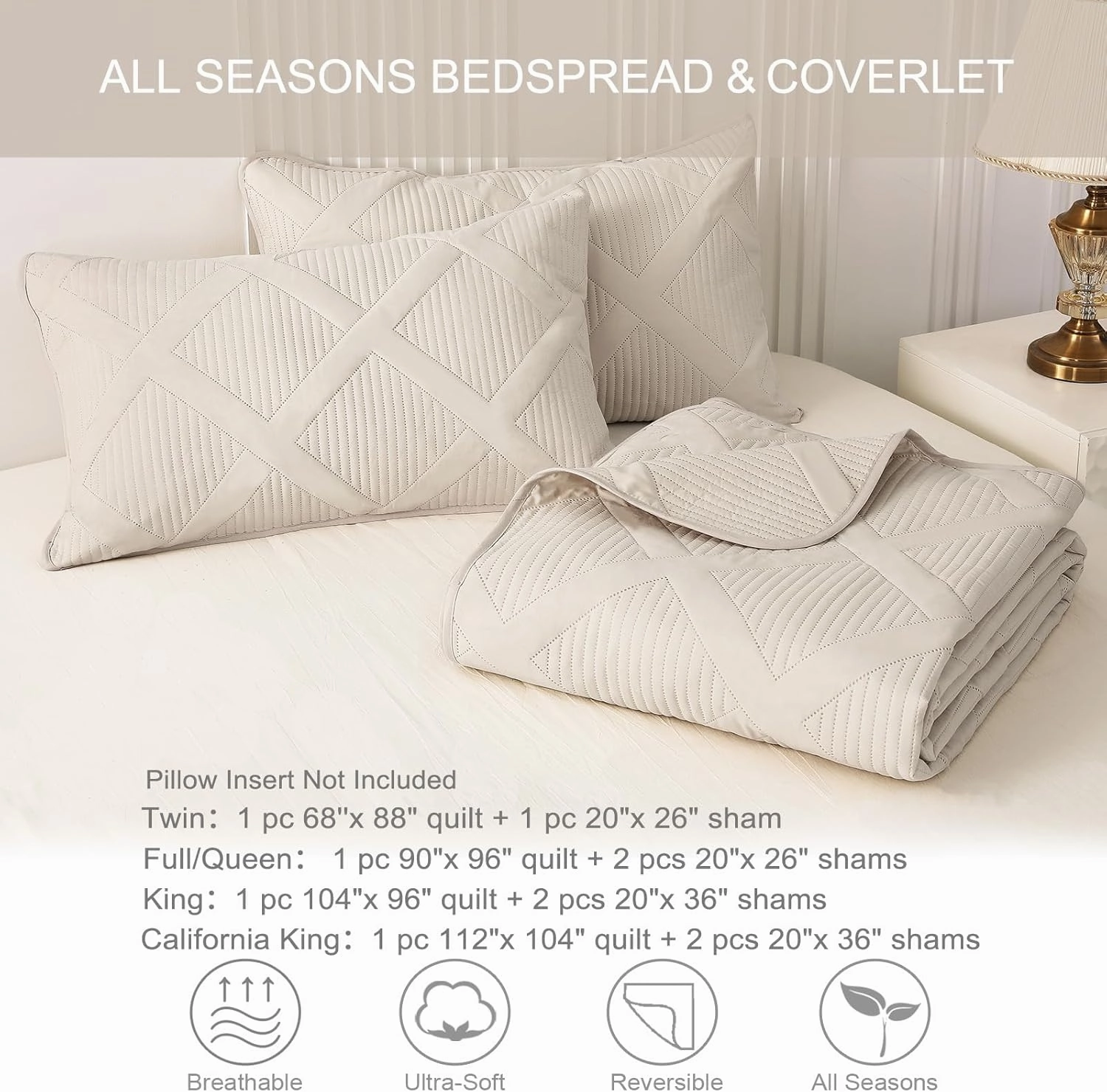 Exclusivo Mezcla Cal King Size Quilt Set with Modern Striped Pattern, 3 Pieces Summer Oversized Lightweight Brich Beige Quilts Bedding Set, Soft Bedspreads Coverlets for All Seasons