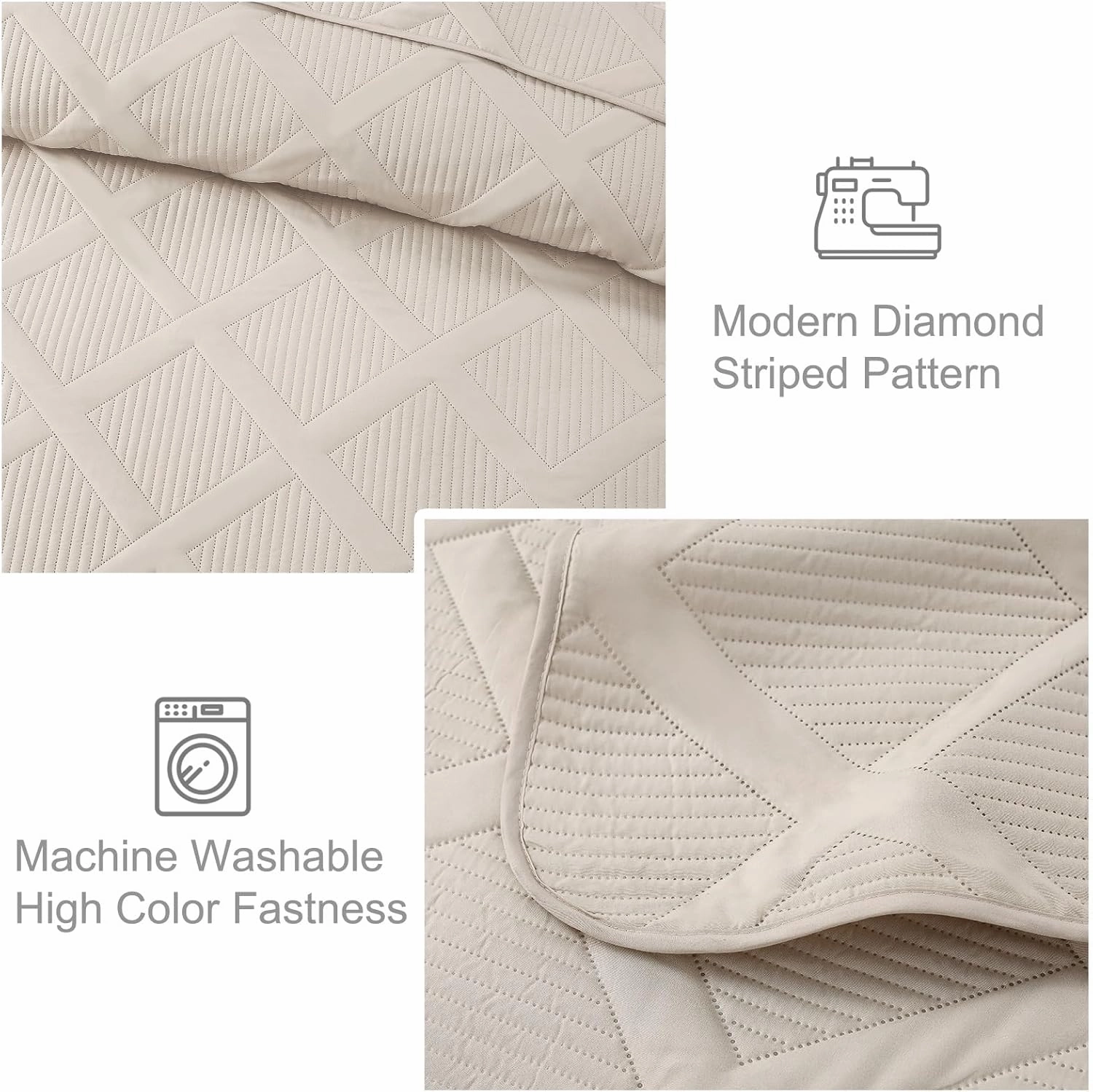 Exclusivo Mezcla Cal King Size Quilt Set with Modern Striped Pattern, 3 Pieces Summer Oversized Lightweight Brich Beige Quilts Bedding Set, Soft Bedspreads Coverlets for All Seasons