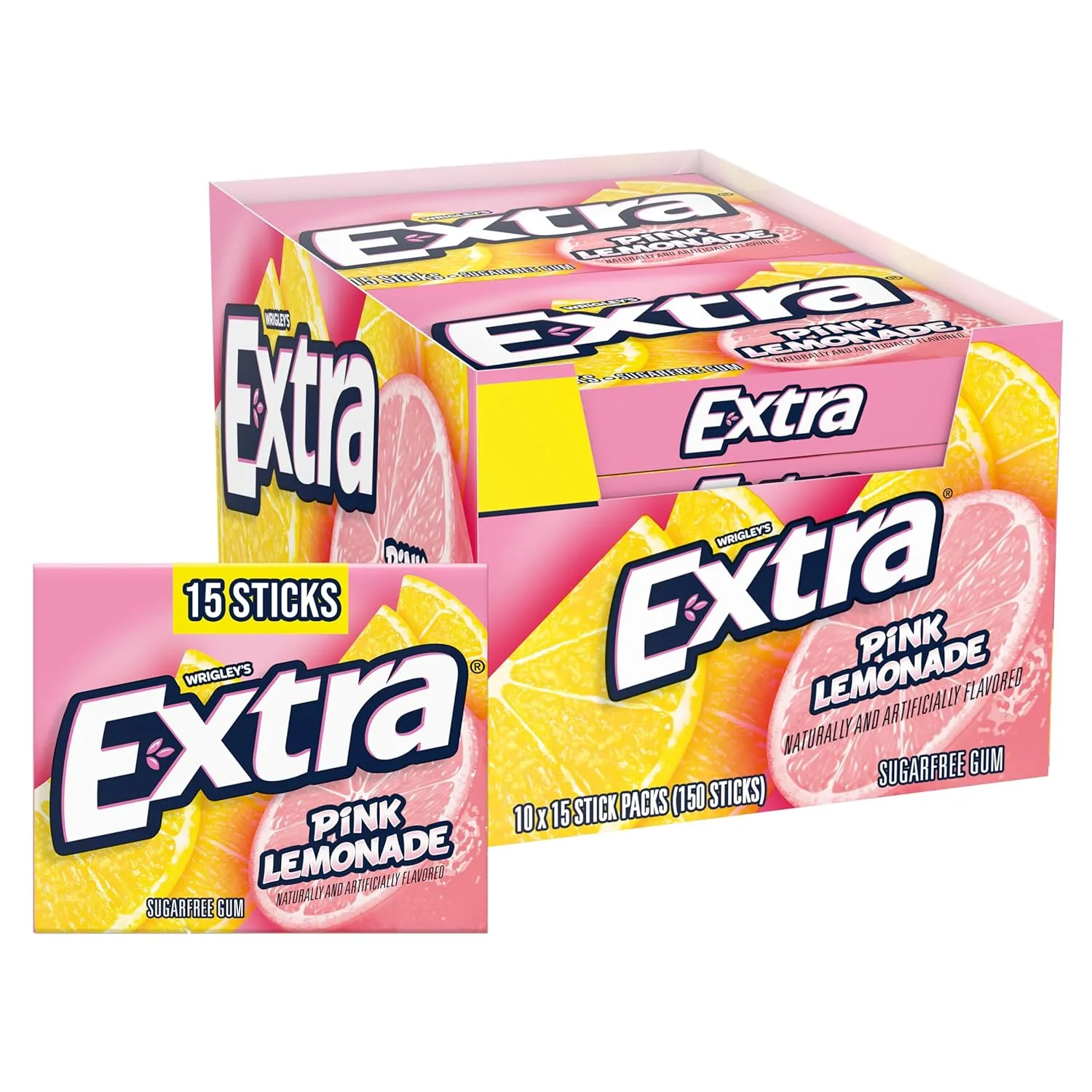 EXTRA Gum Pink Lemonade - Sugar-Free Chewing Gum Bulk Box, 15 Sticks/Pack, 10 Packs per Inner, Total 150 Sticks