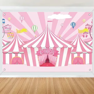 Fabric 7x5ft Pink Circus Backdrop Pink Stripes Tents Ferris Wheel Hot Air Balloons Photography Background Carnival Carousel Theme Sweet Girl Birthday Baby Shower Cake Table Banner Decor