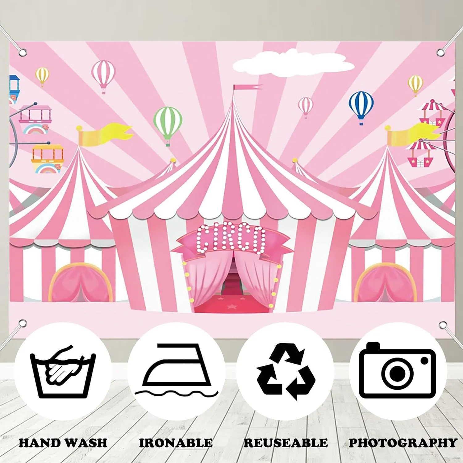 Fabric 7x5ft Pink Circus Backdrop Pink Stripes Tents Ferris Wheel Hot Air Balloons Photography Background Carnival Carousel Theme Sweet Girl Birthday Baby Shower Cake Table Banner Decor