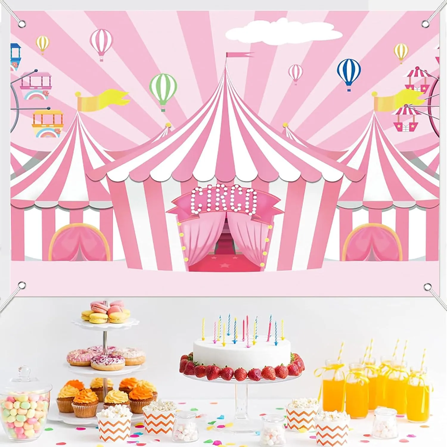 Fabric 7x5ft Pink Circus Backdrop Pink Stripes Tents Ferris Wheel Hot Air Balloons Photography Background Carnival Carousel Theme Sweet Girl Birthday Baby Shower Cake Table Banner Decor