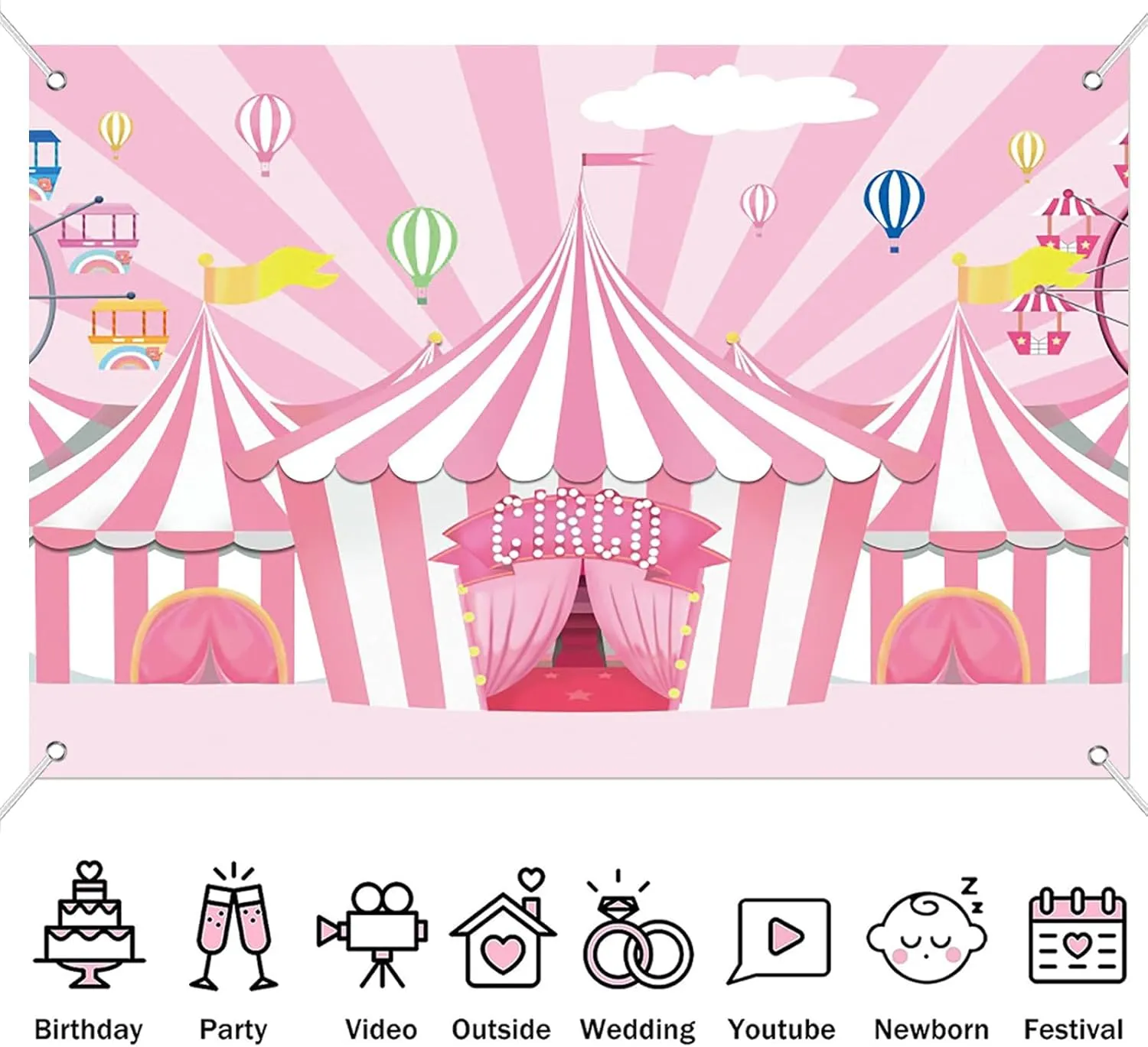 Fabric 7x5ft Pink Circus Backdrop Pink Stripes Tents Ferris Wheel Hot Air Balloons Photography Background Carnival Carousel Theme Sweet Girl Birthday Baby Shower Cake Table Banner Decor