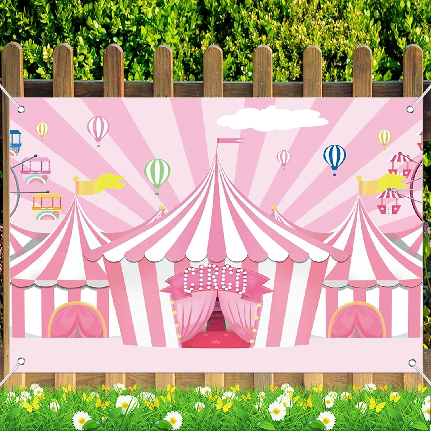 Fabric 7x5ft Pink Circus Backdrop Pink Stripes Tents Ferris Wheel Hot Air Balloons Photography Background Carnival Carousel Theme Sweet Girl Birthday Baby Shower Cake Table Banner Decor