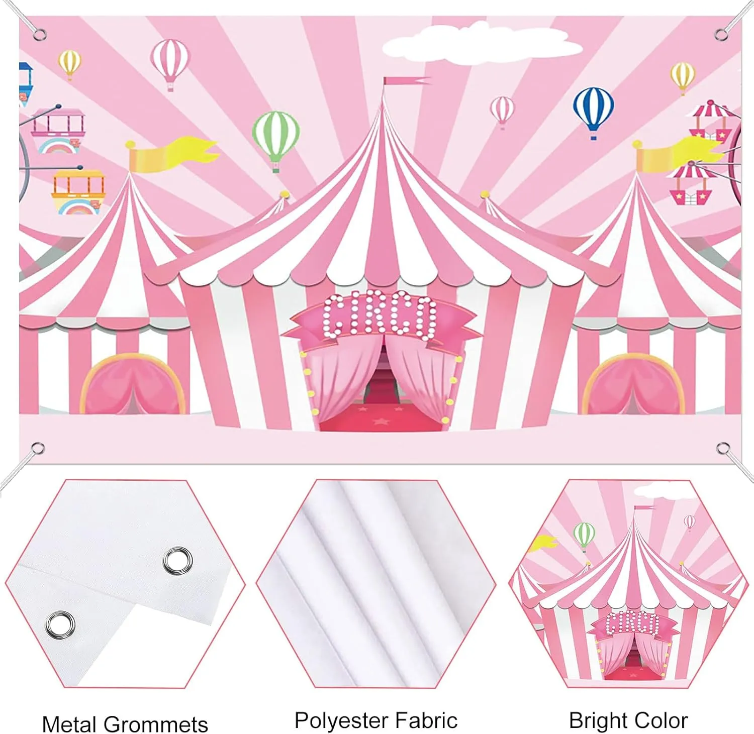 Fabric 7x5ft Pink Circus Backdrop Pink Stripes Tents Ferris Wheel Hot Air Balloons Photography Background Carnival Carousel Theme Sweet Girl Birthday Baby Shower Cake Table Banner Decor