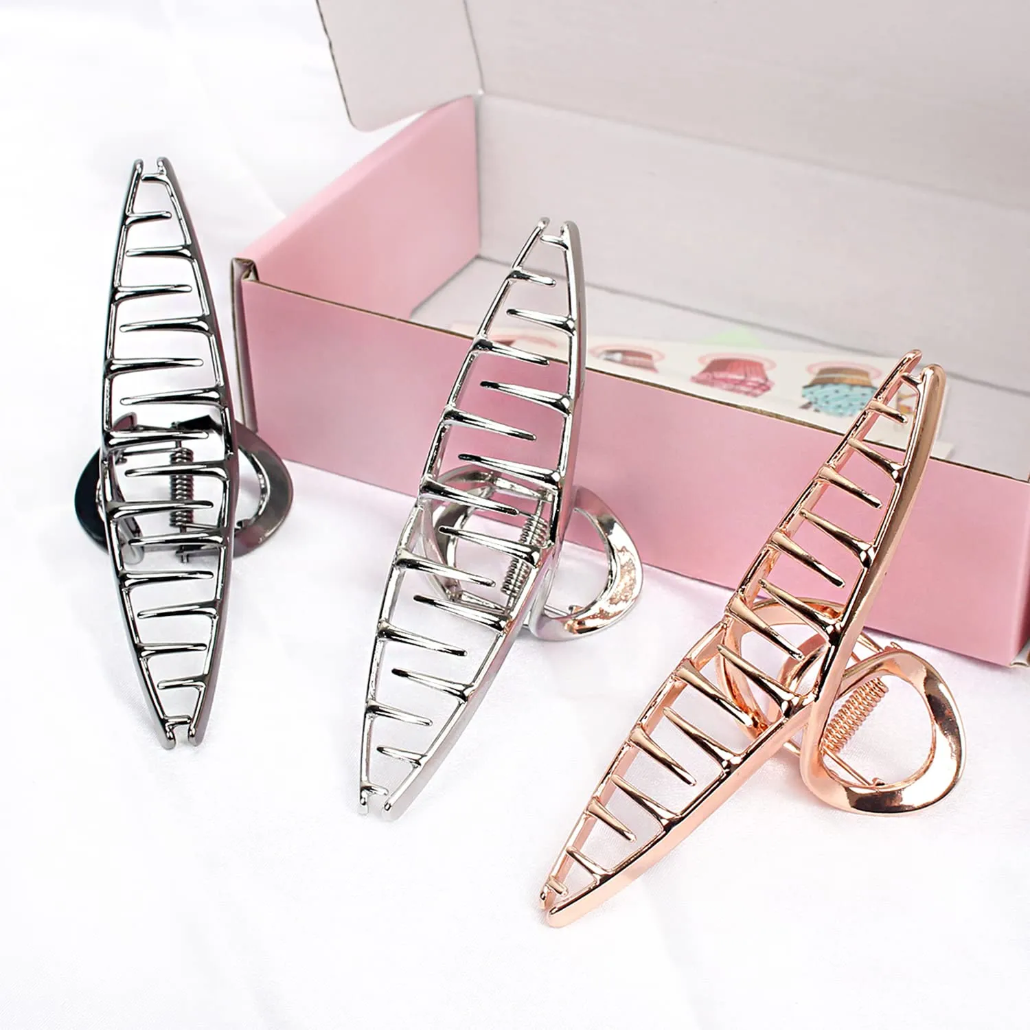 FAELBATY Hair Clip Claws Set of 3 (Glossy Silver, Dark Grey, Rose Gold) - Glossy Metal Hair Clips, Large Hair Accessories for Women and Girls, Strong Hold Barrette, 3 Pcs