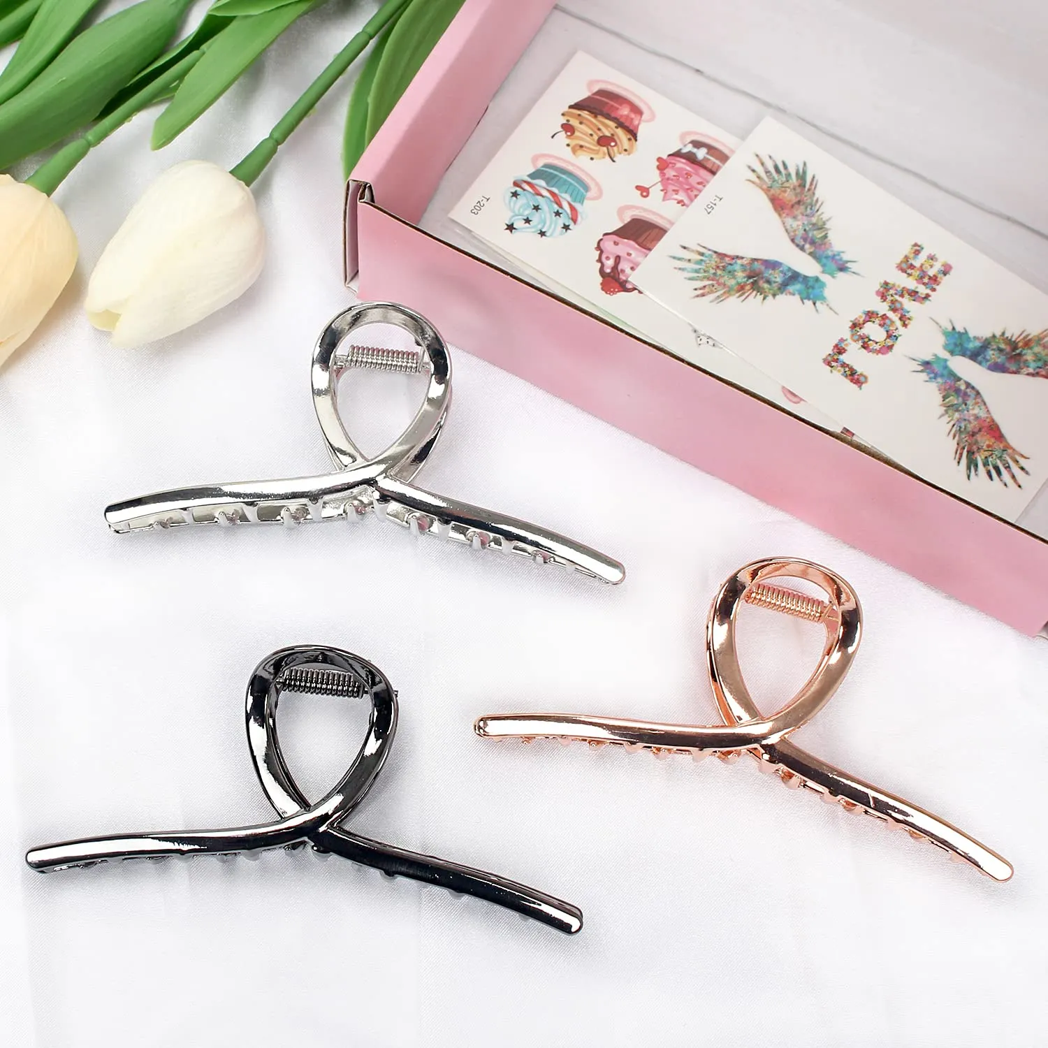 FAELBATY Hair Clip Claws Set of 3 (Glossy Silver, Dark Grey, Rose Gold) - Glossy Metal Hair Clips, Large Hair Accessories for Women and Girls, Strong Hold Barrette, 3 Pcs