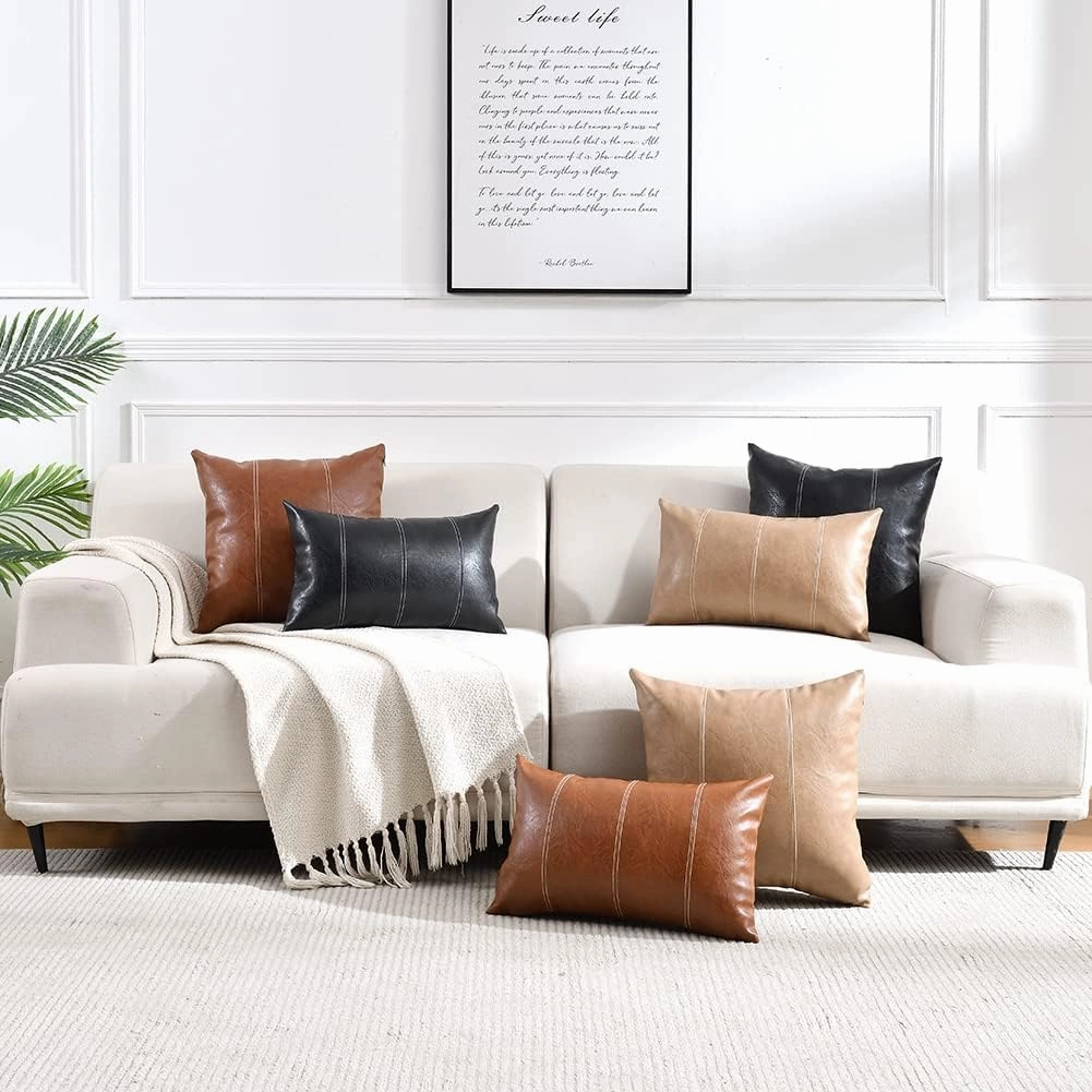 Fancy Homi 2 Packs Tan Lumbar Waterproof Faux Leather Decorative Throw Pillow Covers 12x20 Inch for Outdoor Couch Bed, Beige Hand Stitched Cushion Case 30x50 cm, Taupe Modern Farmhouse Home Decor