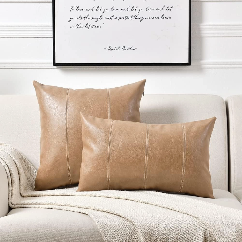 Fancy Homi 2 Packs Tan Lumbar Waterproof Faux Leather Decorative Throw Pillow Covers 12x20 Inch for Outdoor Couch Bed, Beige Hand Stitched Cushion Case 30x50 cm, Taupe Modern Farmhouse Home Decor