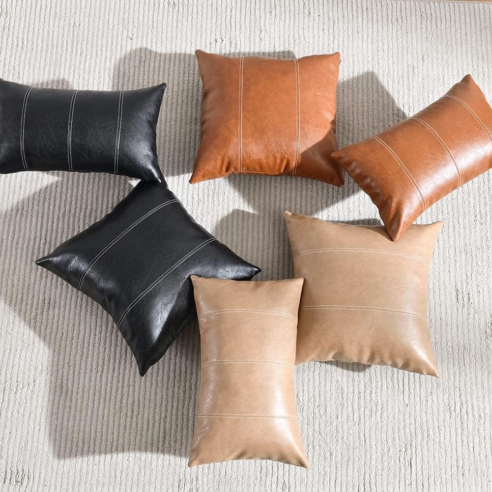 Fancy Homi 2 Packs Tan Lumbar Waterproof Faux Leather Decorative Throw Pillow Covers 12x20 Inch for Outdoor Couch Bed, Beige Hand Stitched Cushion Case 30x50 cm, Taupe Modern Farmhouse Home Decor