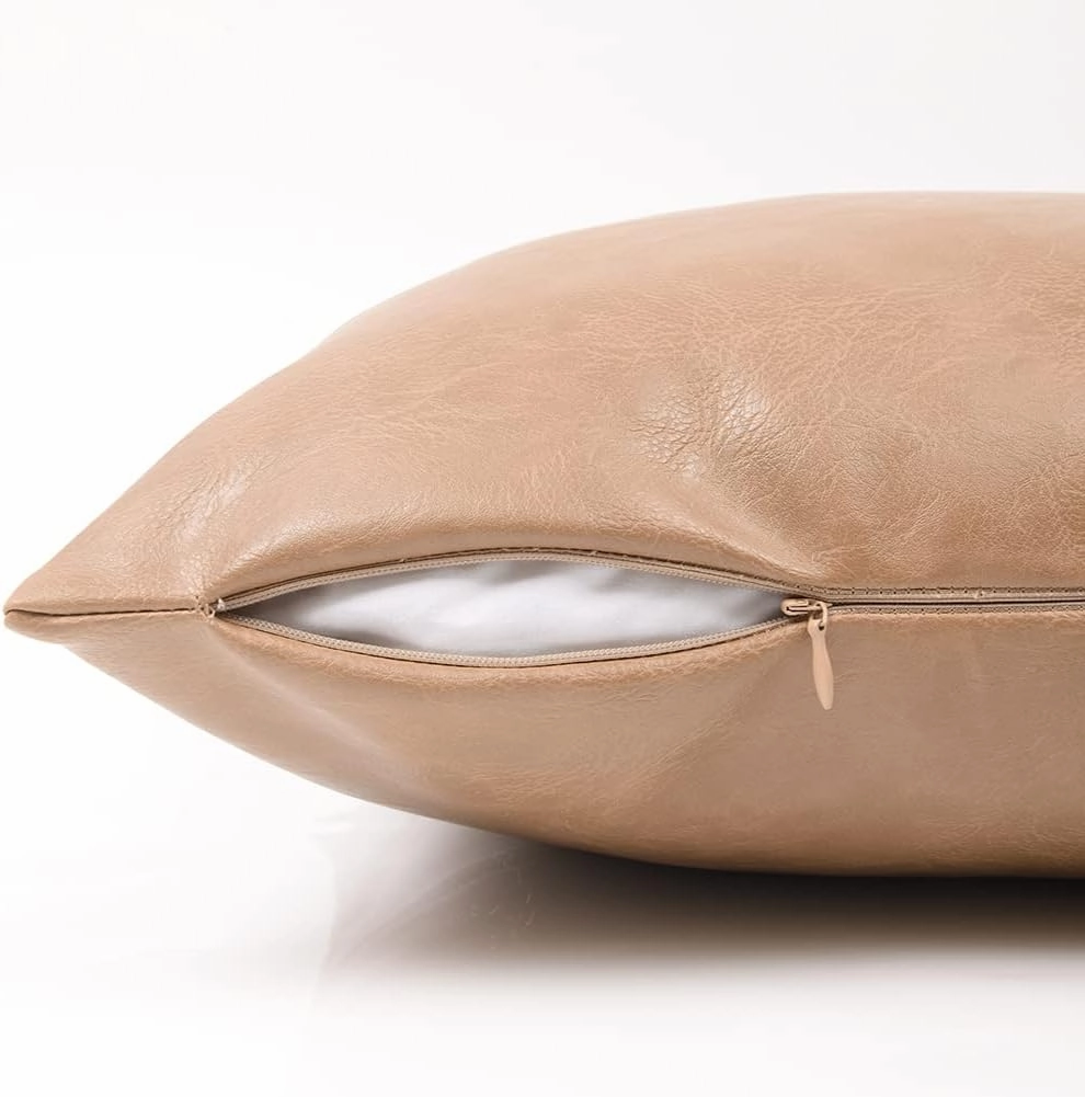 Fancy Homi 2 Packs Tan Lumbar Waterproof Faux Leather Decorative Throw Pillow Covers 12x20 Inch for Outdoor Couch Bed, Beige Hand Stitched Cushion Case 30x50 cm, Taupe Modern Farmhouse Home Decor