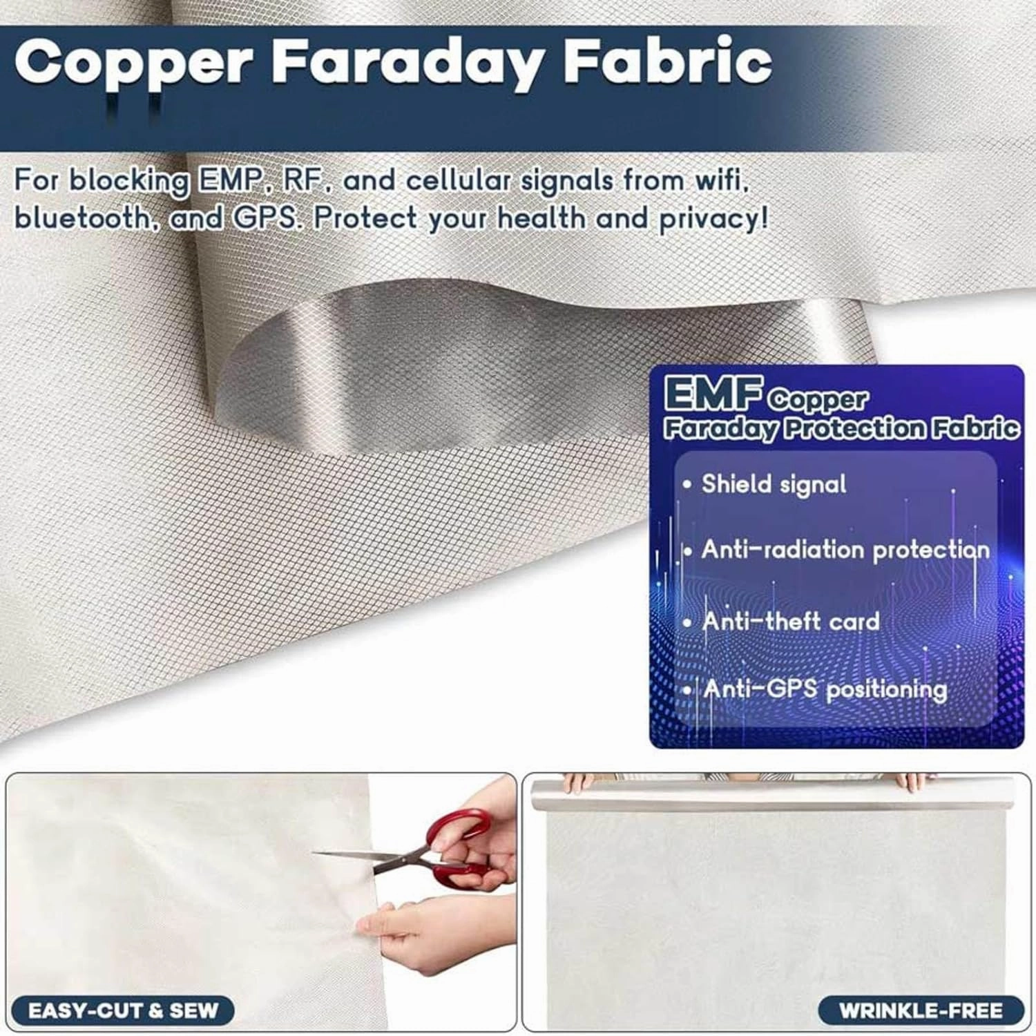 Faraday Fabric EMP Proof Faraday Cloth Copper Shielding Fabric Anti Radiation Grounding RFID Shielding-Block for Card Bag Cloth, Electronic Products,silver-7x1.1m