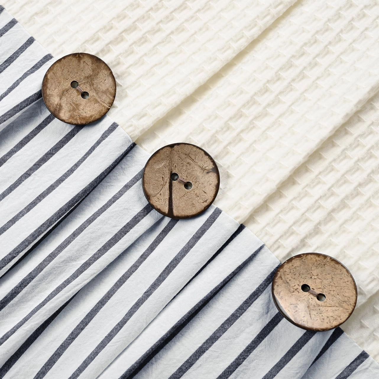 Farmhouse Shower Curtain,Beige and Black Striped,Button Curtain,Spa Waffle and Cotton Woven Fabric,Rustic Charm Country Chic Style,72x78 in