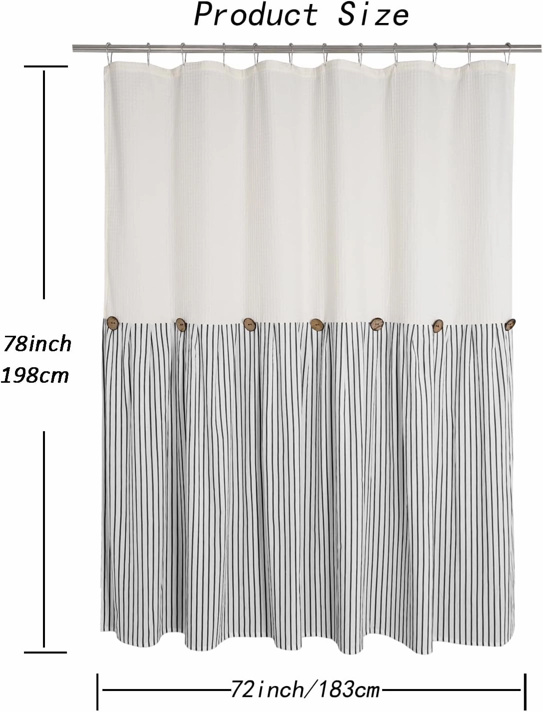 Farmhouse Shower Curtain,Beige and Black Striped,Button Curtain,Spa Waffle and Cotton Woven Fabric,Rustic Charm Country Chic Style,72x78 in