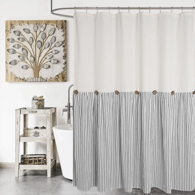 Farmhouse Shower Curtain,Beige and Black Striped,Button Curtain,Spa Waffle and Cotton Woven Fabric,Rustic Charm Country Chic Style,72x78 in