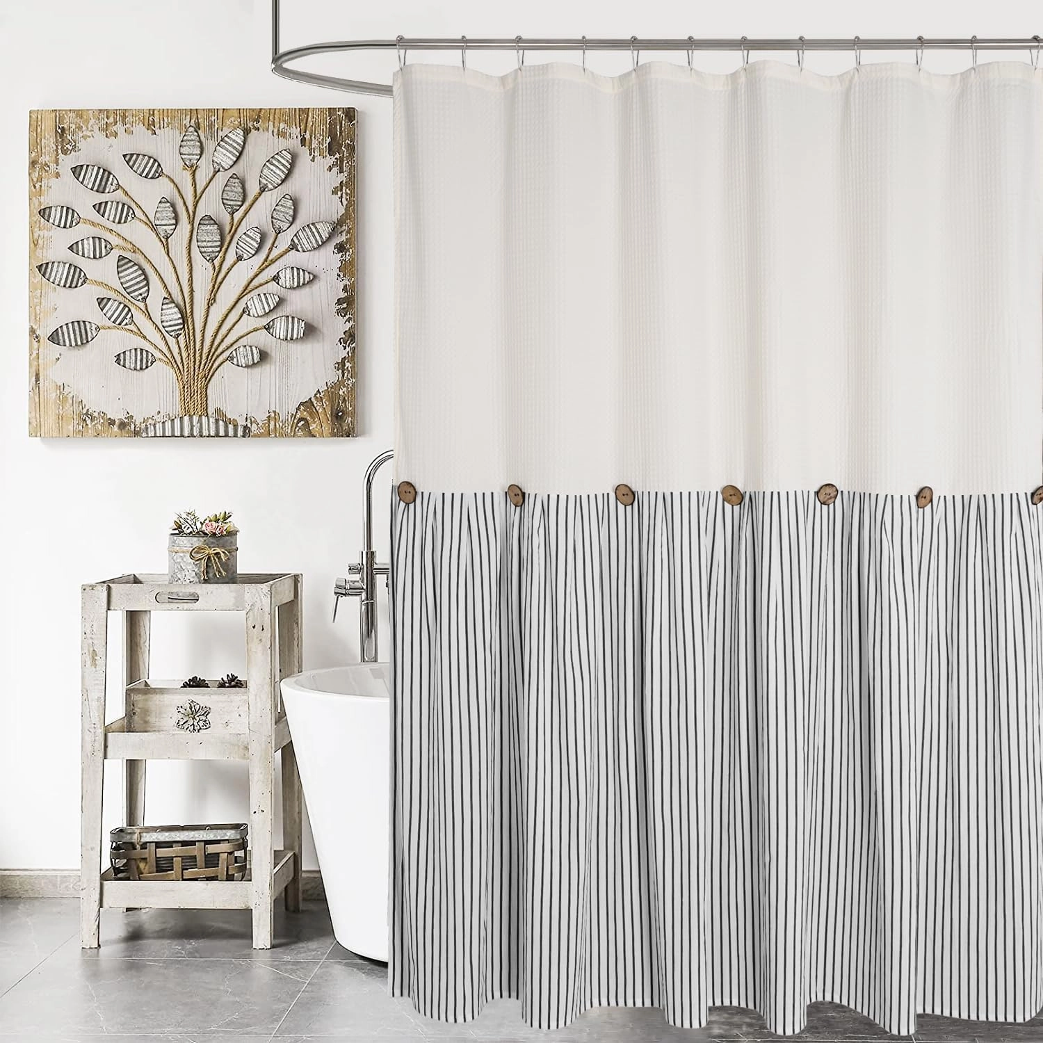 Farmhouse Shower Curtain,Beige and Black Striped,Button Curtain,Spa Waffle and Cotton Woven Fabric,Rustic Charm Country Chic Style,72x78 in