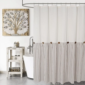 Farmhouse Shower Curtain,Beige and Brown Striped,Button Curtain,Spa Waffle and Cotton Woven Fabric,Rustic Charm Country Chic Style,72x72 in