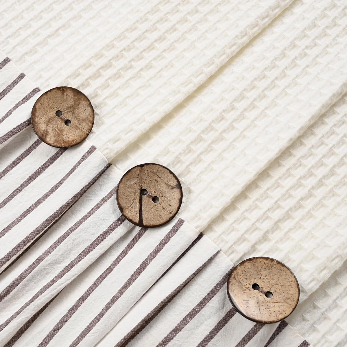 Farmhouse Shower Curtain,Beige and Brown Striped,Button Curtain,Spa Waffle and Cotton Woven Fabric,Rustic Charm Country Chic Style,72x72 in