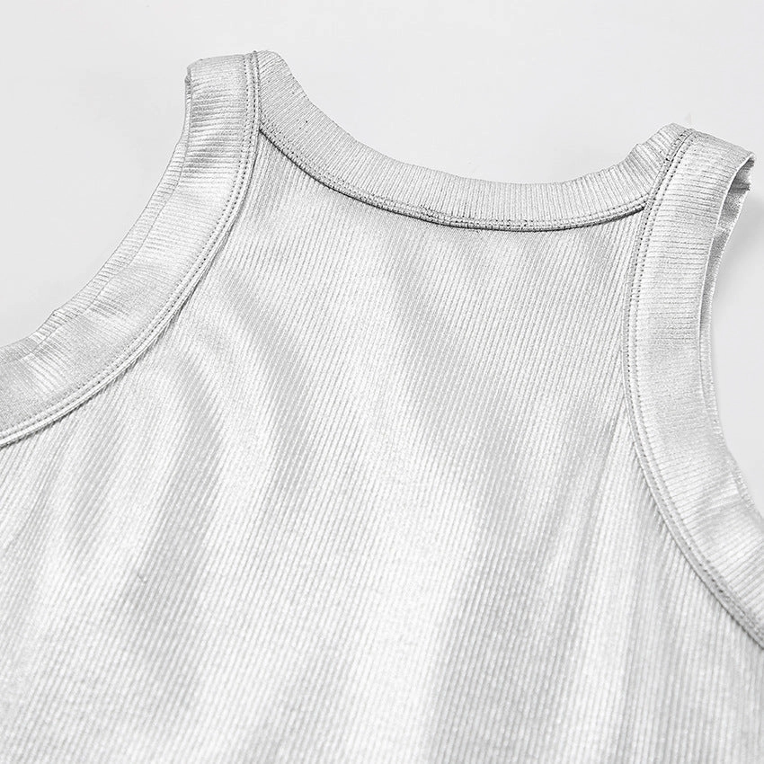 Fashionable Knitted Sunken Stripe Summer round Neck Camisole Vest Sexy Hollow Out Cutout out Short Solid Color Top for Women
