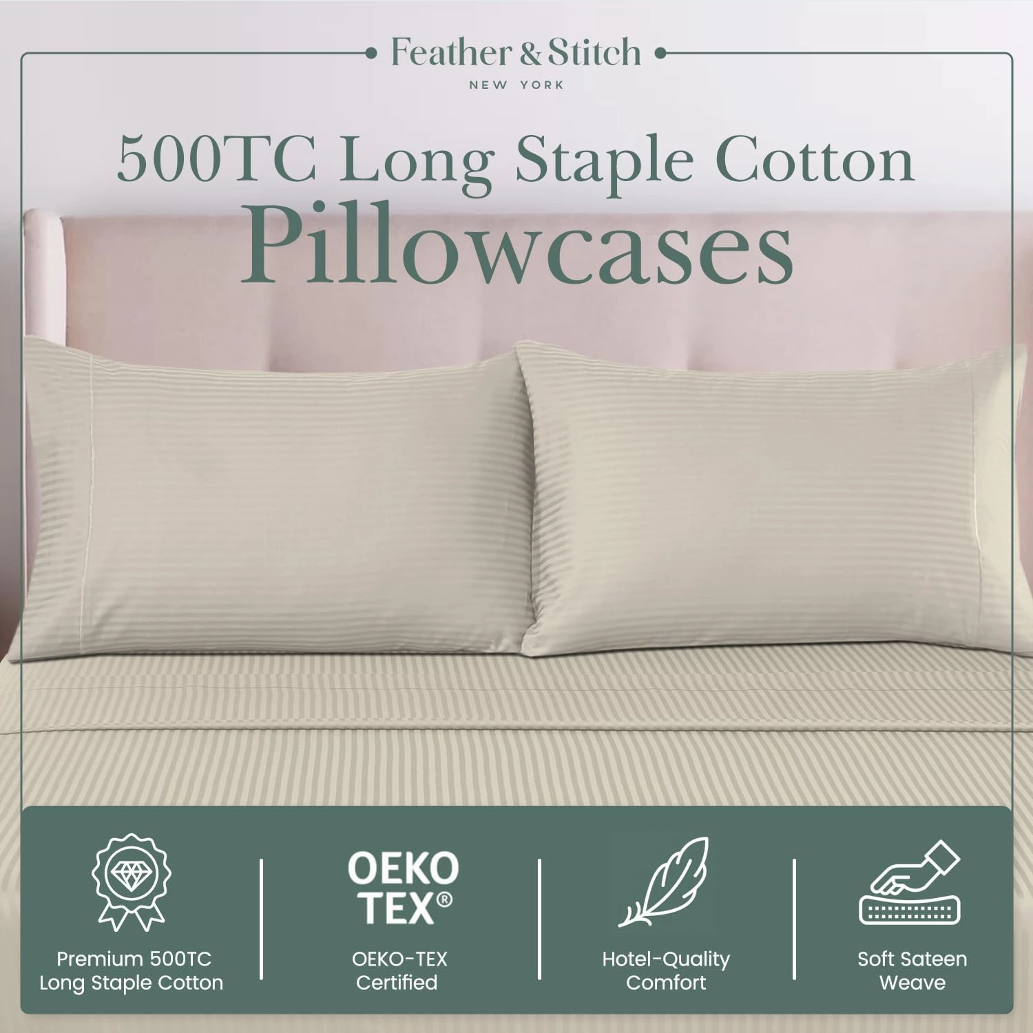 Feather & Stitch 100% Cotton Standard Pillow Covers Set of 2, 500TC Envelope Closure Pillowcases, Soft Luxury Damask Stripe Sateen Weave Pillow Case for Sleeping, 20x30 Inches - Beige
