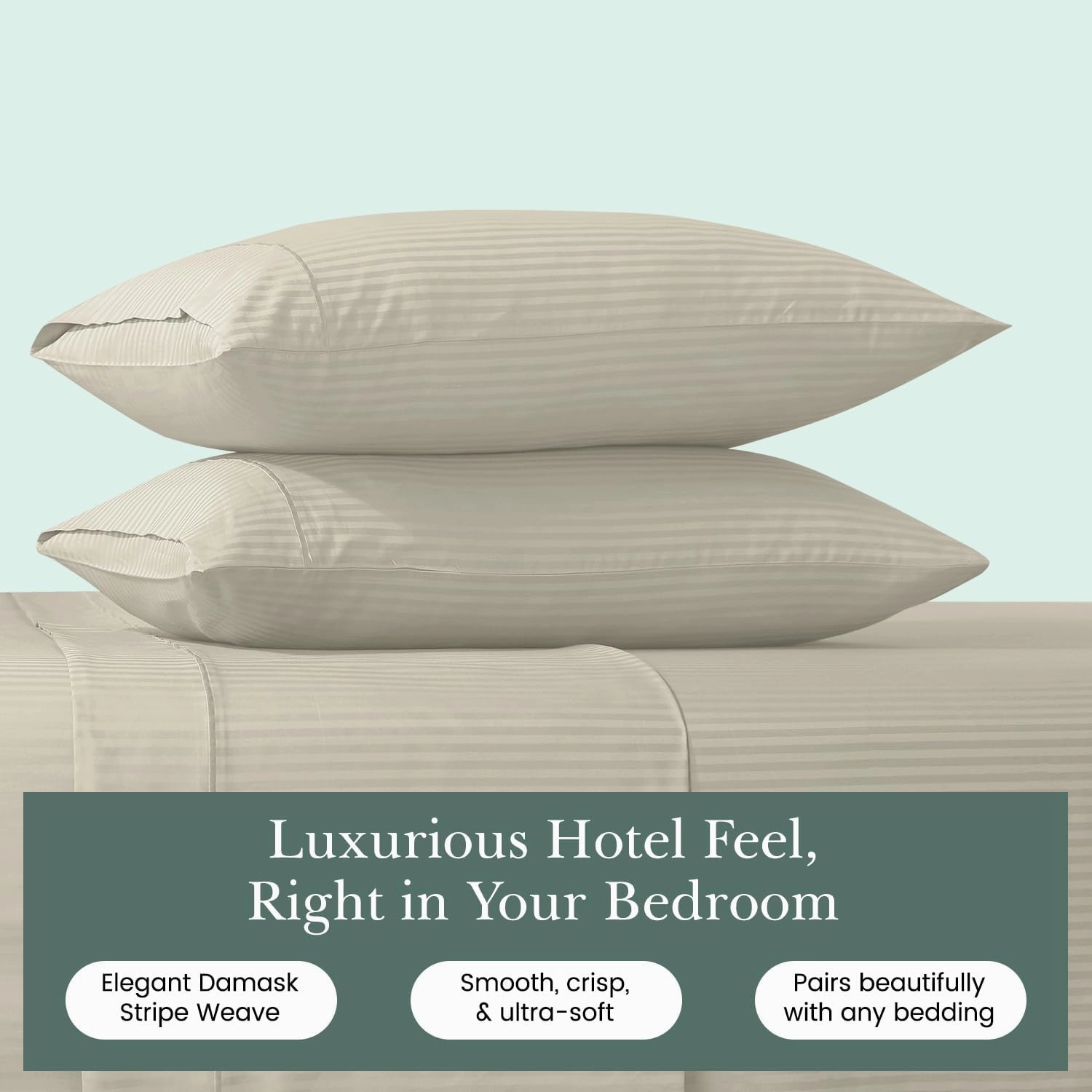 Feather & Stitch 100% Cotton Standard Pillow Covers Set of 2, 500TC Envelope Closure Pillowcases, Soft Luxury Damask Stripe Sateen Weave Pillow Case for Sleeping, 20x30 Inches - Beige