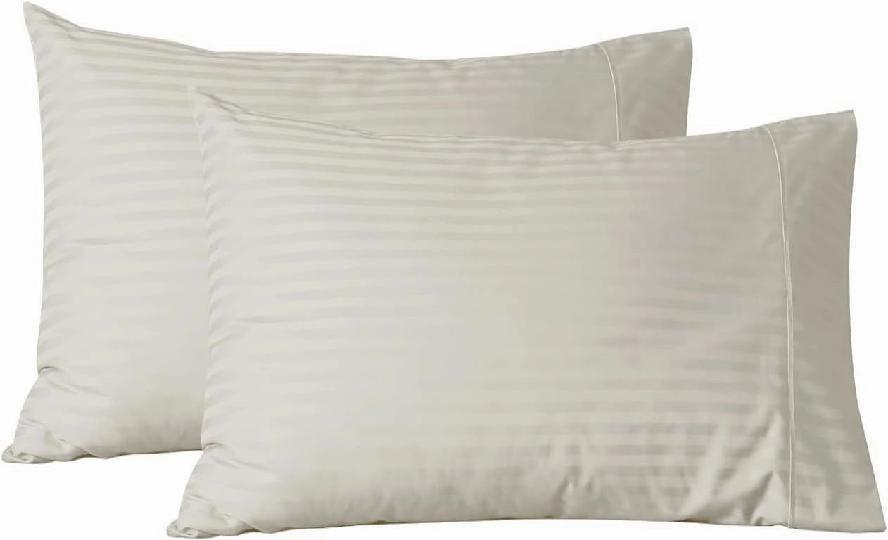 Feather & Stitch 100% Cotton Standard Pillow Covers Set of 2, 500TC Envelope Closure Pillowcases, Soft Luxury Damask Stripe Sateen Weave Pillow Case for Sleeping, 20x30 Inches - Beige