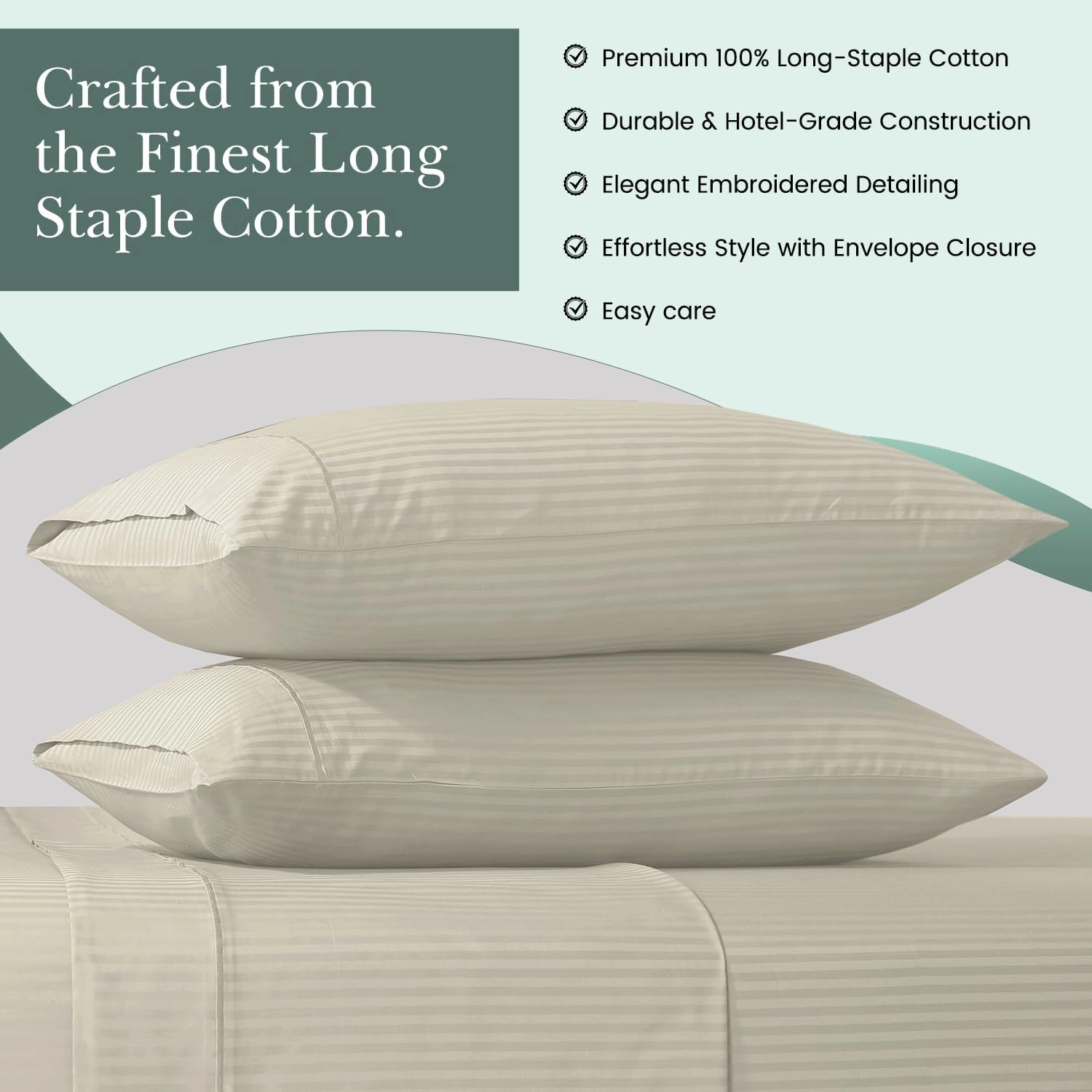Feather & Stitch 100% Cotton Standard Pillow Covers Set of 2, 500TC Envelope Closure Pillowcases, Soft Luxury Damask Stripe Sateen Weave Pillow Case for Sleeping, 20x30 Inches - Beige