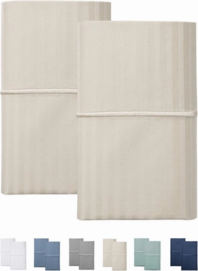 Feather & Stitch 100% Cotton Standard Pillow Covers Set of 2, 500TC Envelope Closure Pillowcases, Soft Luxury Damask Stripe Sateen Weave Pillow Case for Sleeping, 20x30 Inches - Beige