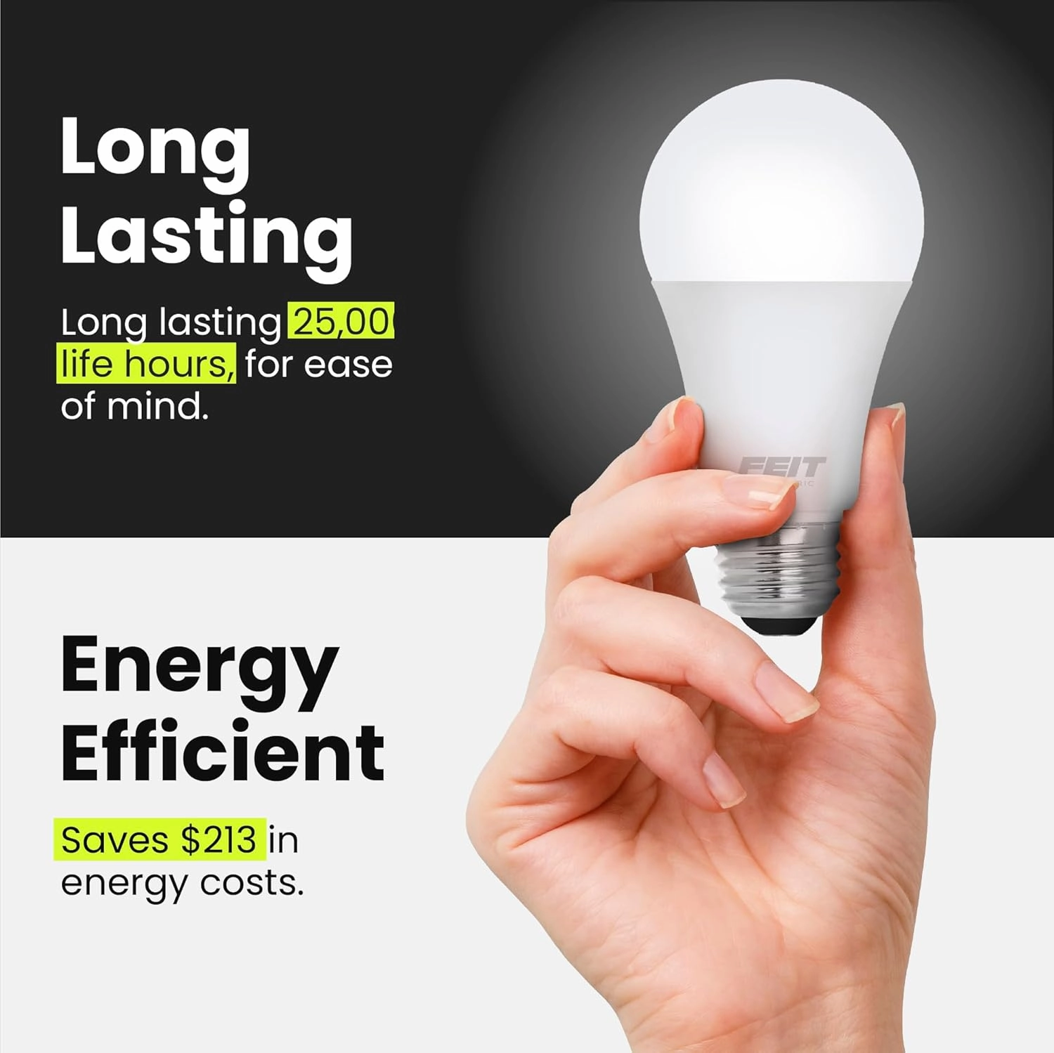 Feit Electric A19 LED Light Bulbs, 60W Equivalent, Dimmable, E26 Standard Base, 90 CRI, 800 Lumens, 2700K Soft White, 120V, 22 Years Lifetime, Damp Rated, 8 Pack, OM60DM/927CA/8