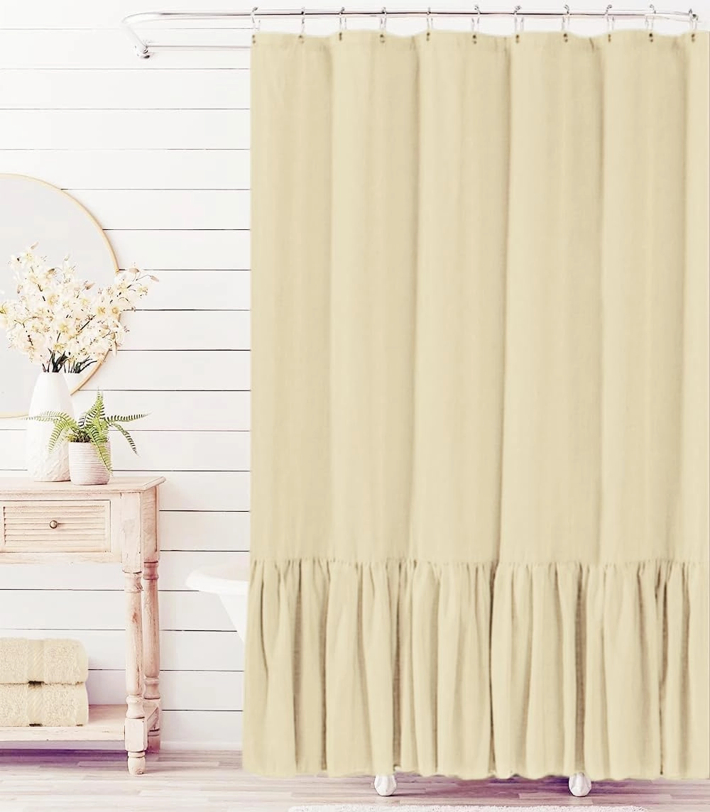 Felisa Sandy Beige Farmhouse Shower Curtain with A Ruffle Hem, Linen Blend Shower Curtain for Bathroom, 72"x78"