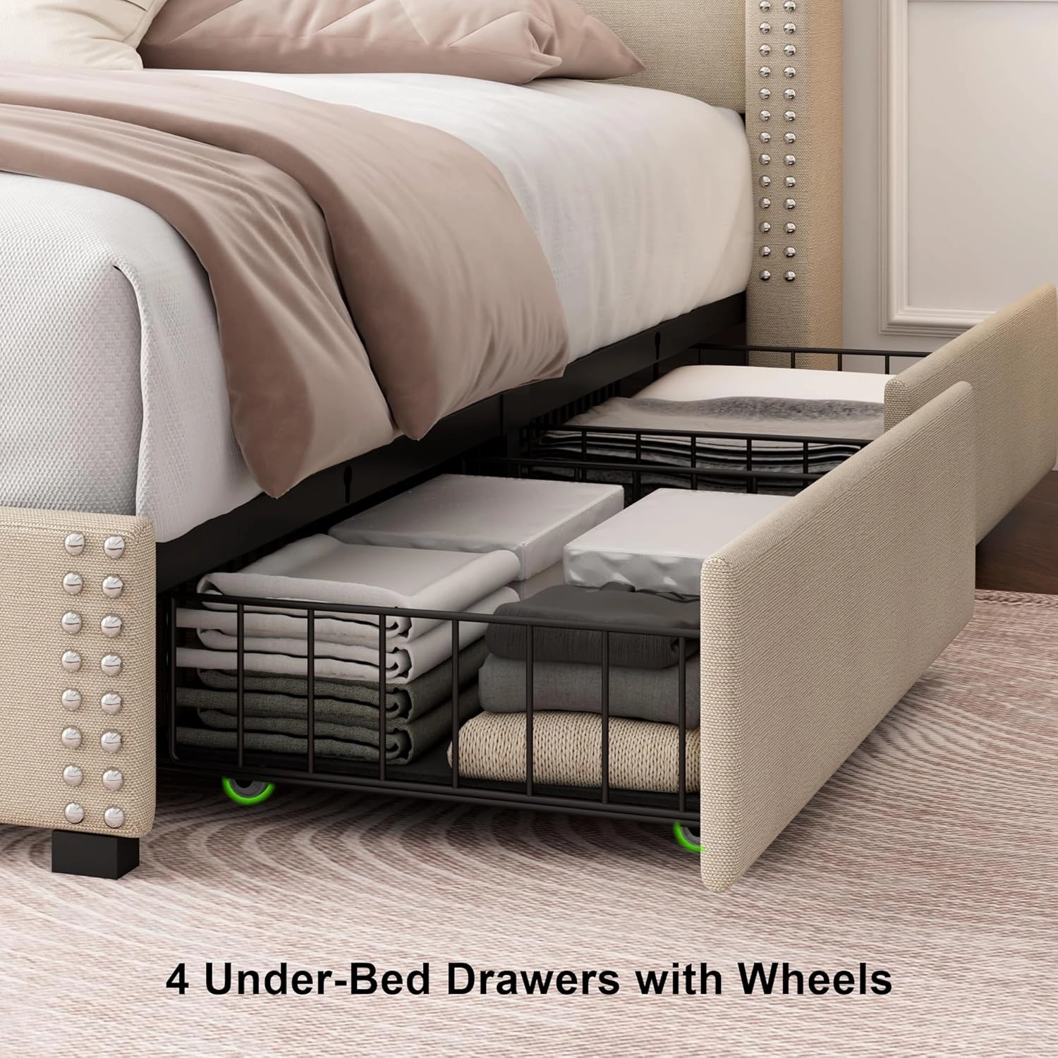 Feonase King Size Platform Bed Frame with 4 Storage Drawers, Upholstered Bed Frame with Charging Station, Solid Wood Slats Support, Beige