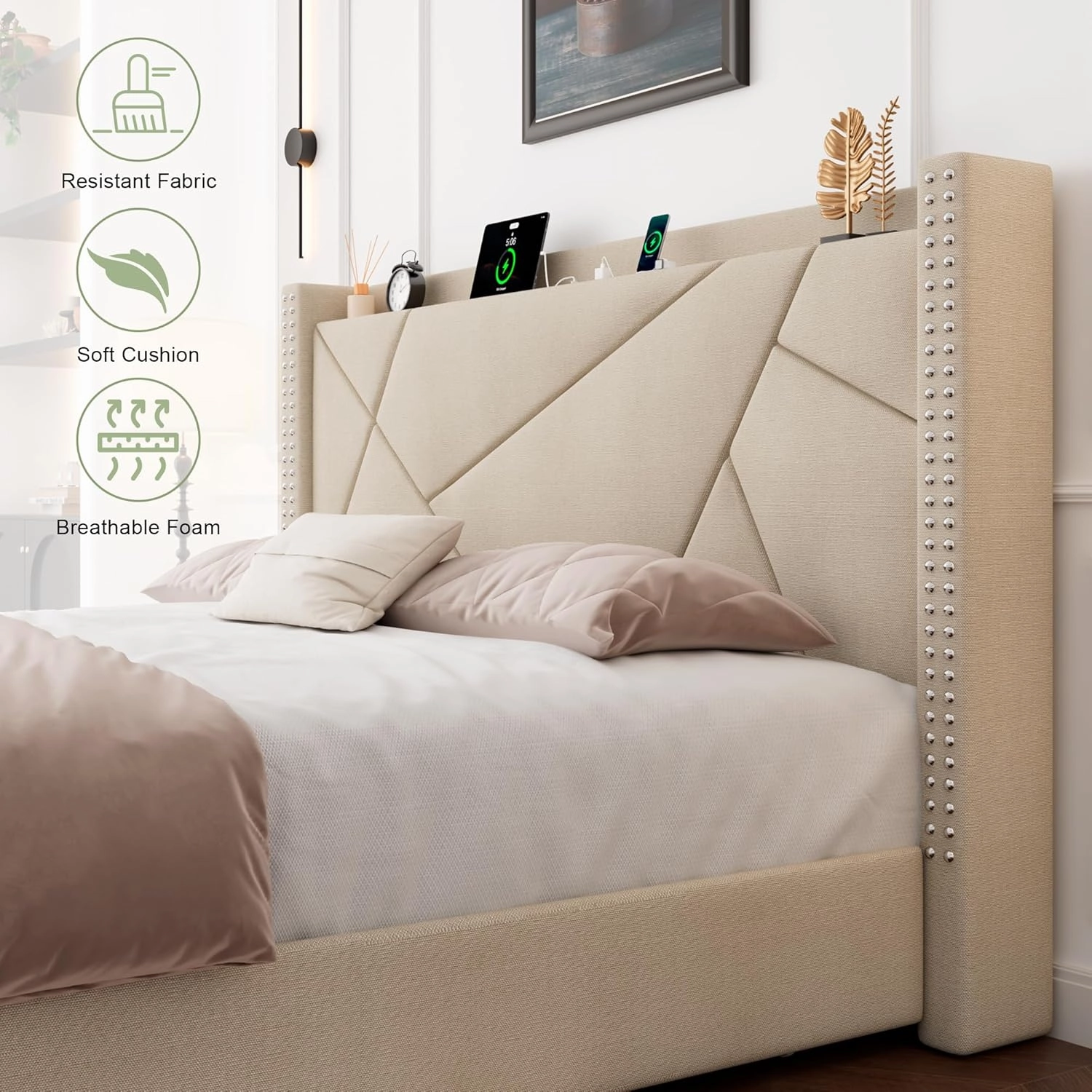 Feonase King Size Platform Bed Frame with 4 Storage Drawers, Upholstered Bed Frame with Charging Station, Solid Wood Slats Support, Beige