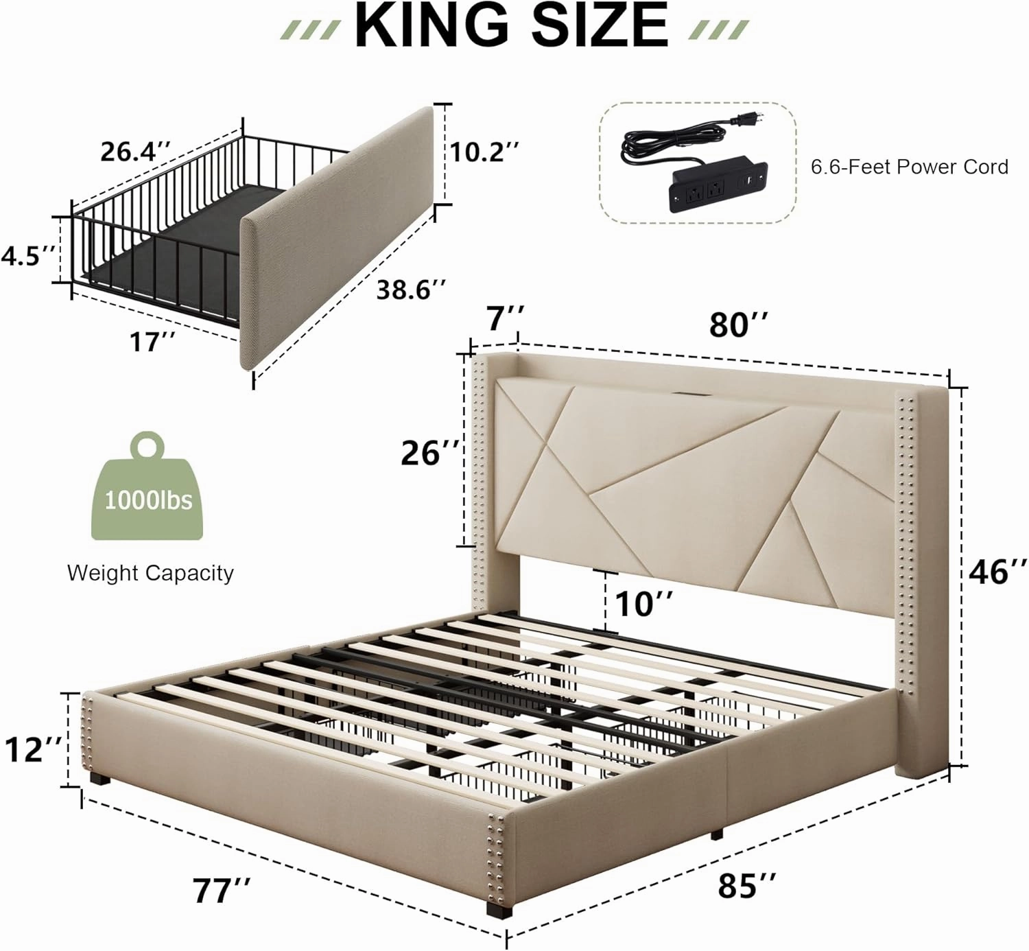 Feonase King Size Platform Bed Frame with 4 Storage Drawers, Upholstered Bed Frame with Charging Station, Solid Wood Slats Support, Beige