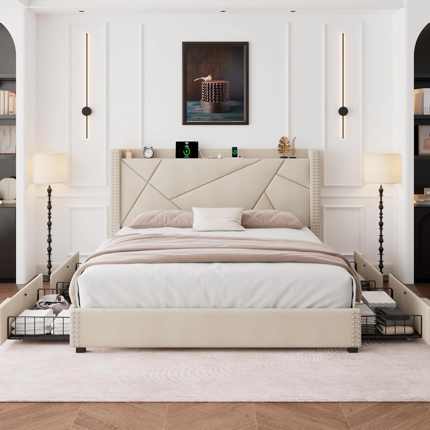 Feonase King Size Platform Bed Frame with 4 Storage Drawers, Upholstered Bed Frame with Charging Station, Solid Wood Slats Support, Beige