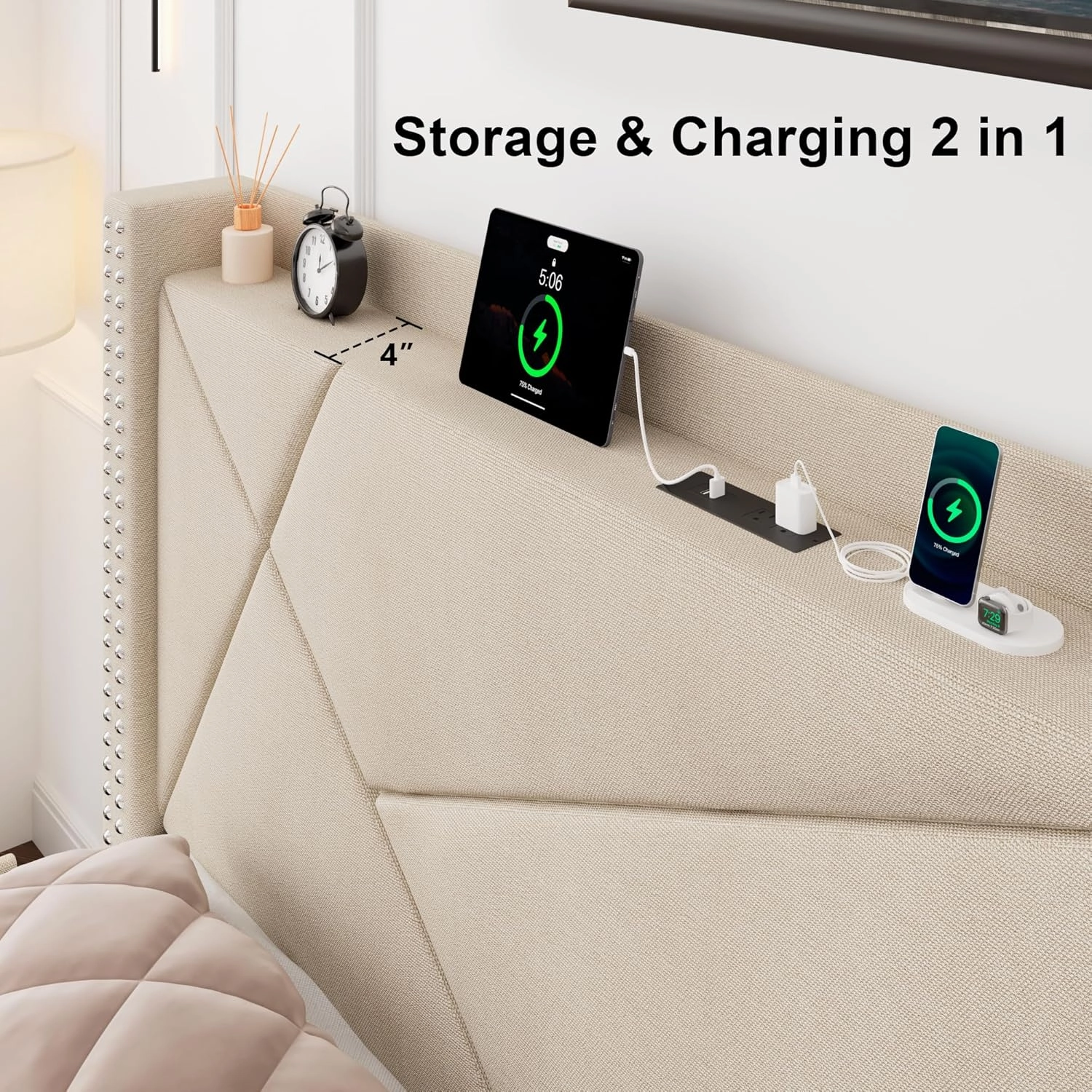 Feonase King Size Platform Bed Frame with 4 Storage Drawers, Upholstered Bed Frame with Charging Station, Solid Wood Slats Support, Beige