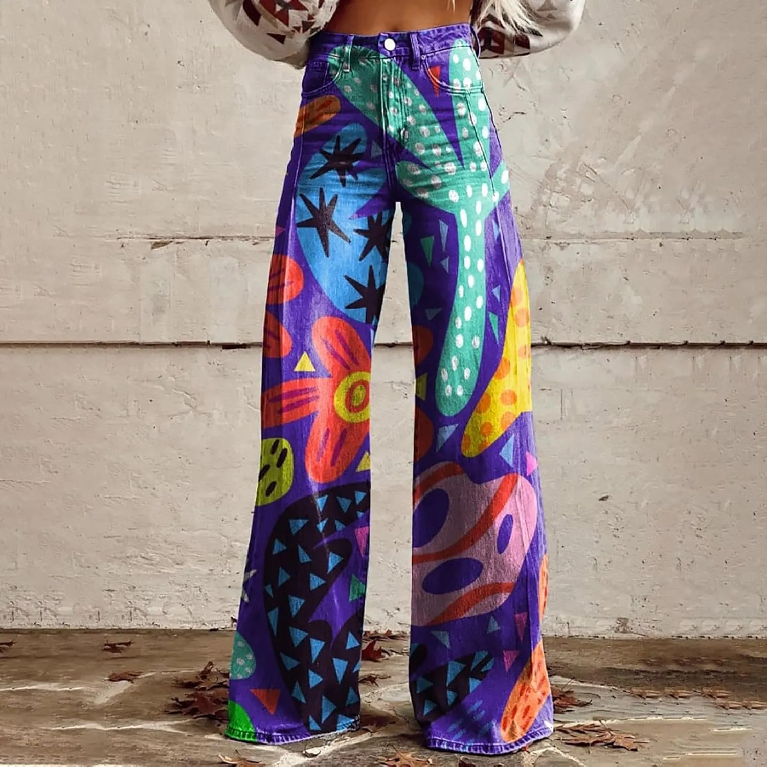 Flare Jeans for Women Wide Leg Pants Vintage Floral Print High Waisted Straight Stretch Going Out Street Trousers