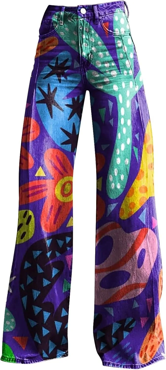 Flare Jeans for Women Wide Leg Pants Vintage Floral Print High Waisted Straight Stretch Going Out Street Trousers