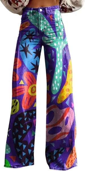Flare Jeans for Women Wide Leg Pants Vintage Floral Print High Waisted Straight Stretch Going Out Street Trousers