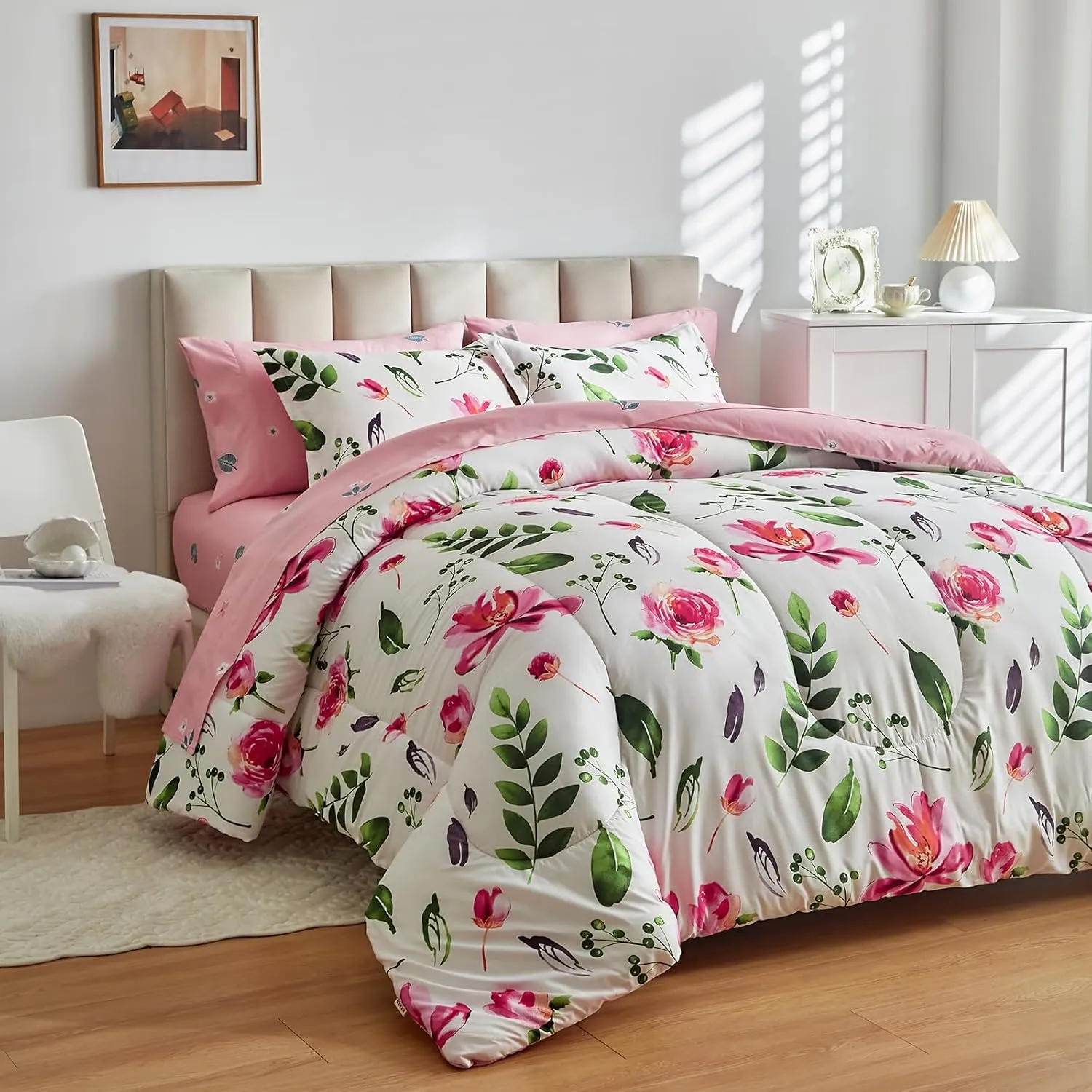 Floral Comforter Set 6 Pieces White with Green Leaves Pink Flowers Bed in a Bag Twin Size Reversible Bedding Set (1 Comforter 2 Pillow Shams 1 Flat Sheet 1 Fitted Sheet 1 Pillowcases)