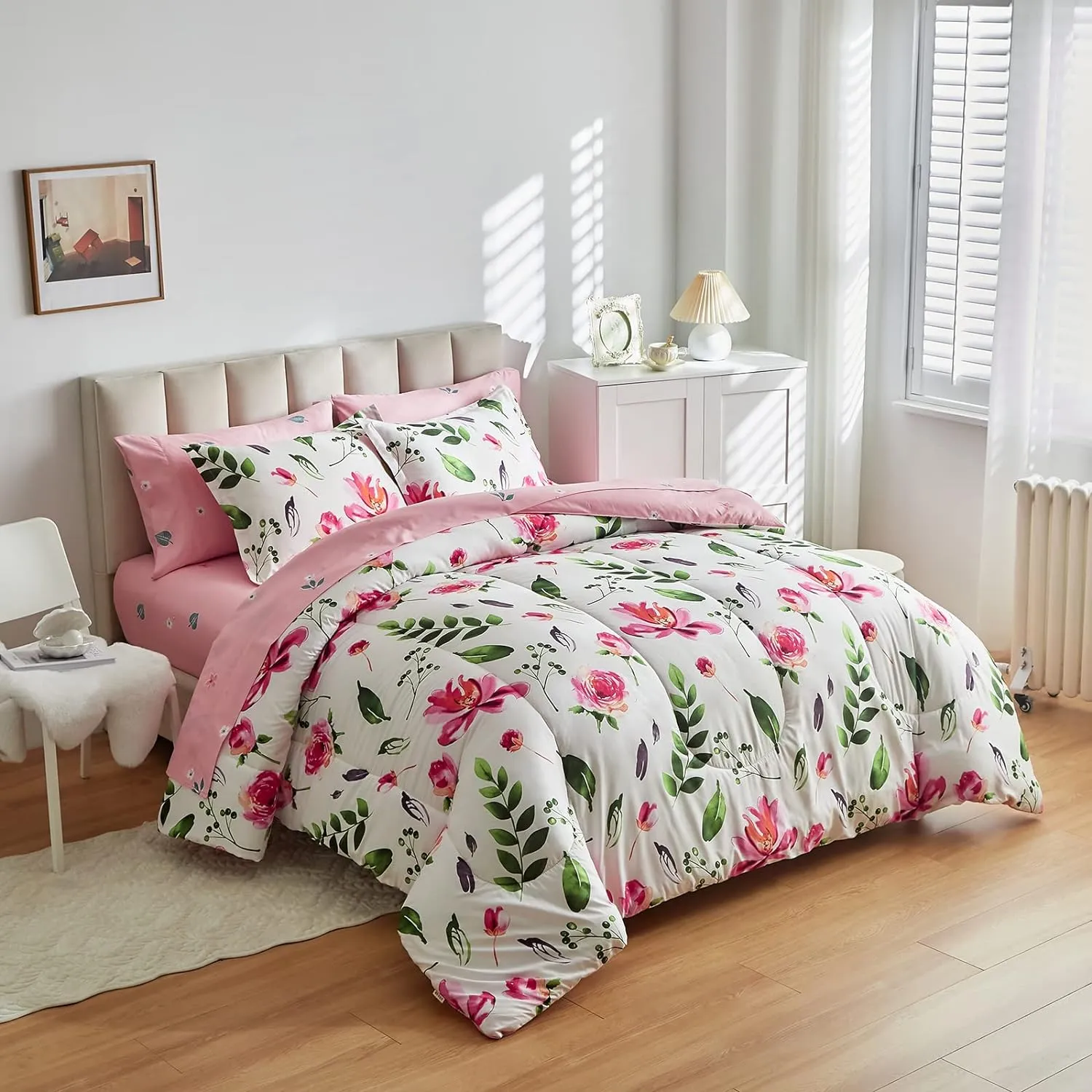 Floral Comforter Set 6 Pieces White with Green Leaves Pink Flowers Bed in a Bag Twin Size Reversible Bedding Set (1 Comforter 2 Pillow Shams 1 Flat Sheet 1 Fitted Sheet 1 Pillowcases)