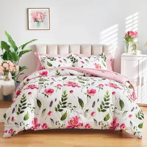 Floral Comforter Set 6 Pieces White with Green Leaves Pink Flowers Bed in a Bag Twin Size Reversible Bedding Set (1 Comforter 2 Pillow Shams 1 Flat Sheet 1 Fitted Sheet 1 Pillowcases)