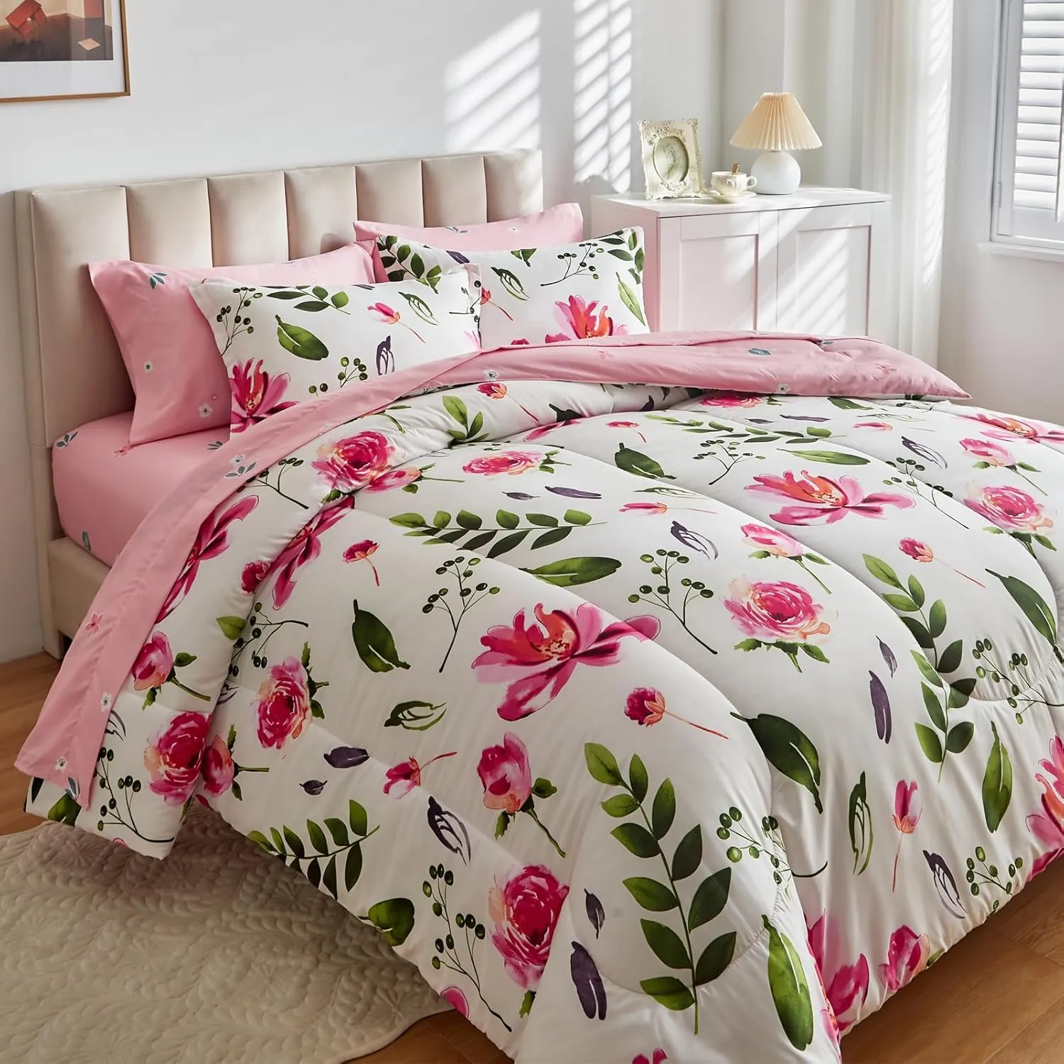 Floral Comforter Set 6 Pieces White with Green Leaves Pink Flowers Bed in a Bag Twin Size Reversible Bedding Set (1 Comforter 2 Pillow Shams 1 Flat Sheet 1 Fitted Sheet 1 Pillowcases)