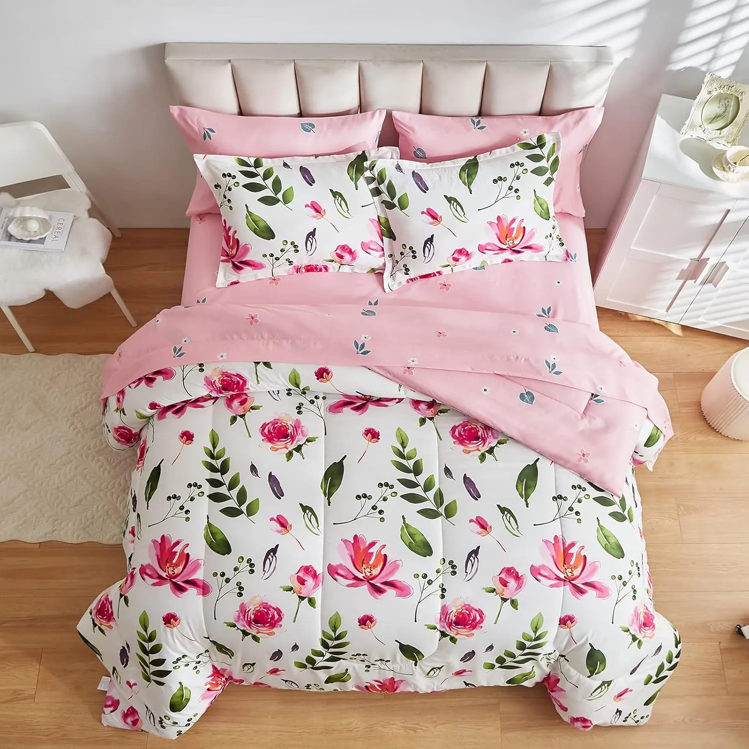 Floral Comforter Set 6 Pieces White with Green Leaves Pink Flowers Bed in a Bag Twin Size Reversible Bedding Set (1 Comforter 2 Pillow Shams 1 Flat Sheet 1 Fitted Sheet 1 Pillowcases)
