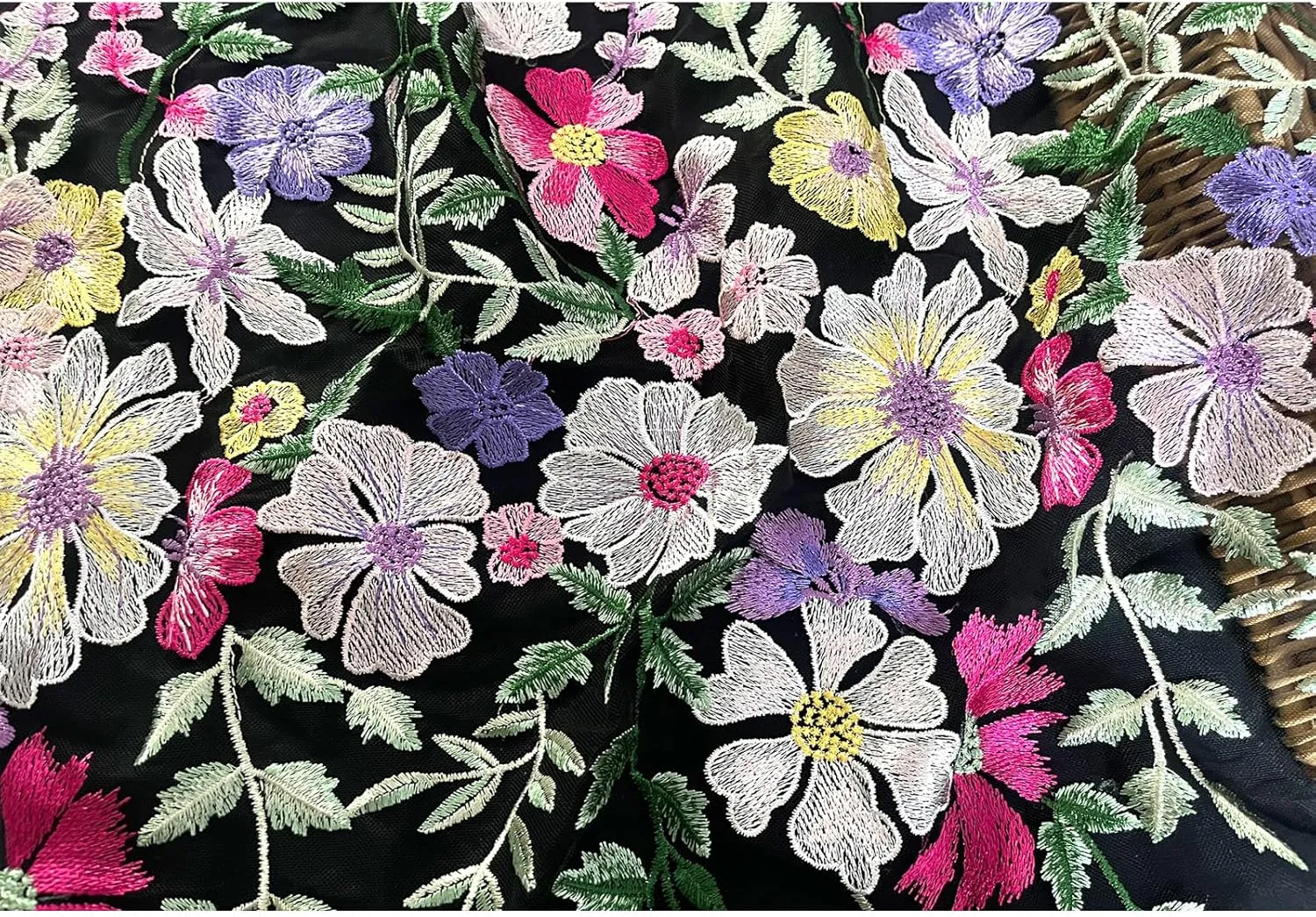 Floral Embroidered Lace Fabric, Pink, Purple, Yellow Flowers on Gray Background (Black mesh, Cut by The Yard)