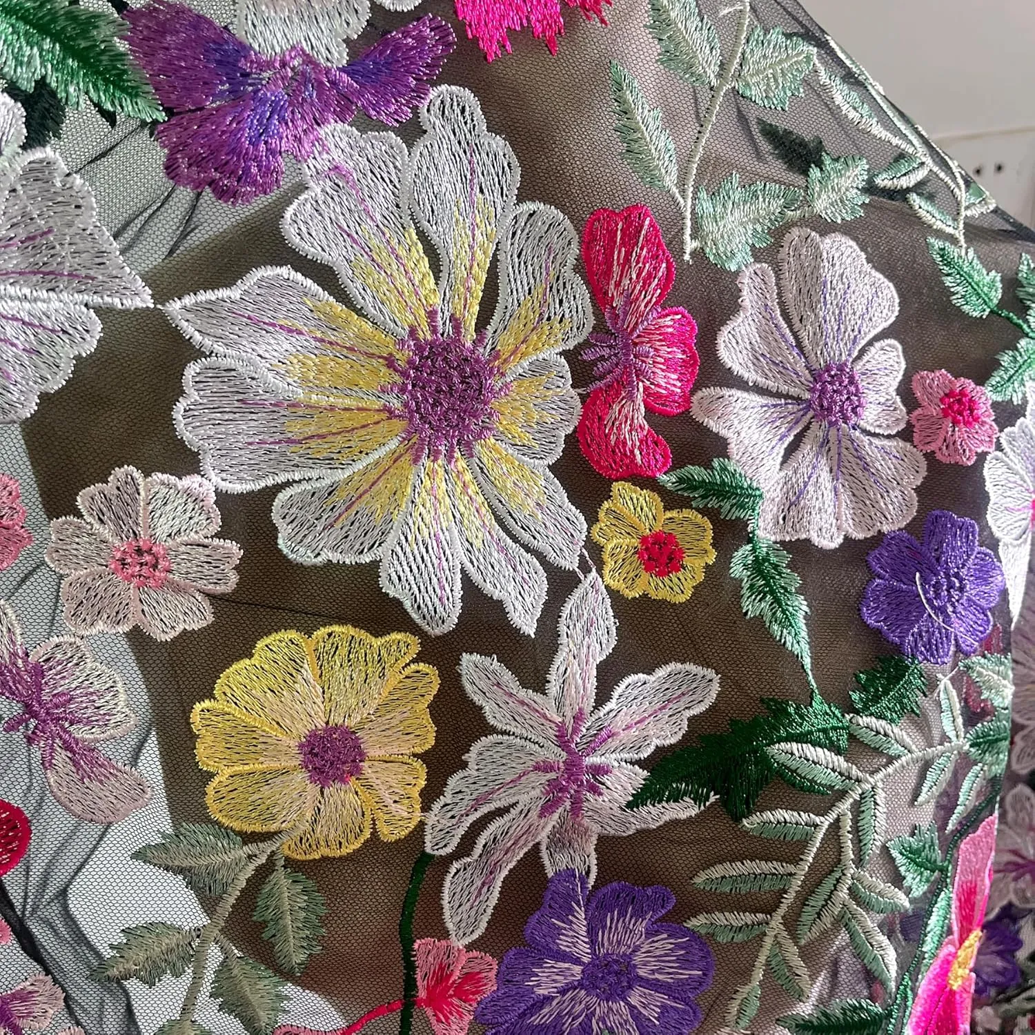 Floral Embroidered Lace Fabric, Pink, Purple, Yellow Flowers on Gray Background (Black mesh, Cut by The Yard)