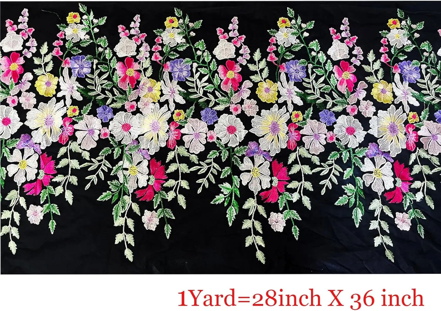 Floral Embroidered Lace Fabric, Pink, Purple, Yellow Flowers on Gray Background (Black mesh, Cut by The Yard)