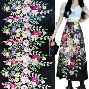 Floral Embroidered Lace Fabric, Pink, Purple, Yellow Flowers on Gray Background (Black mesh, Cut by The Yard)