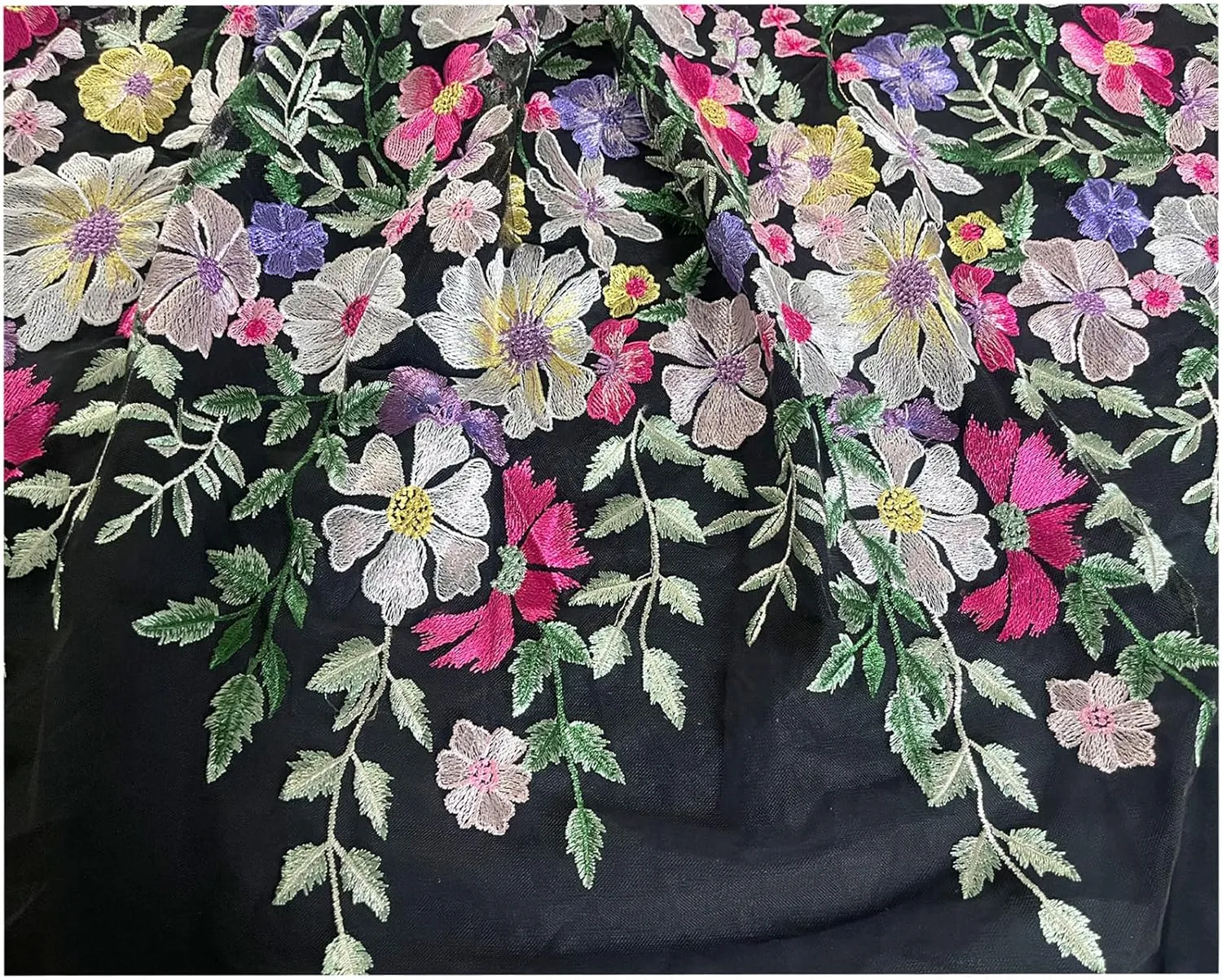Floral Embroidered Lace Fabric, Pink, Purple, Yellow Flowers on Gray Background (Black mesh, Cut by The Yard)