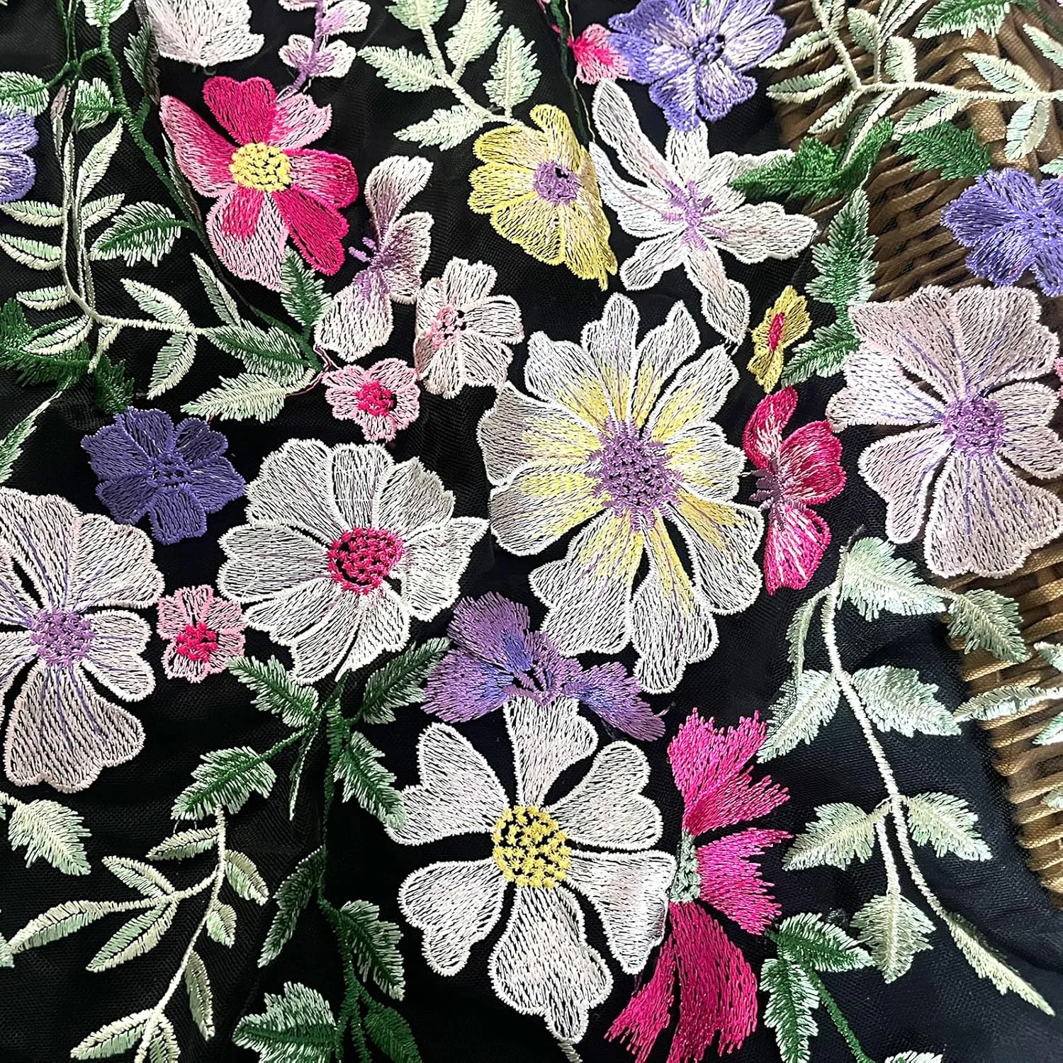 Floral Embroidered Lace Fabric, Pink, Purple, Yellow Flowers on Gray Background (Black mesh, Cut by The Yard)