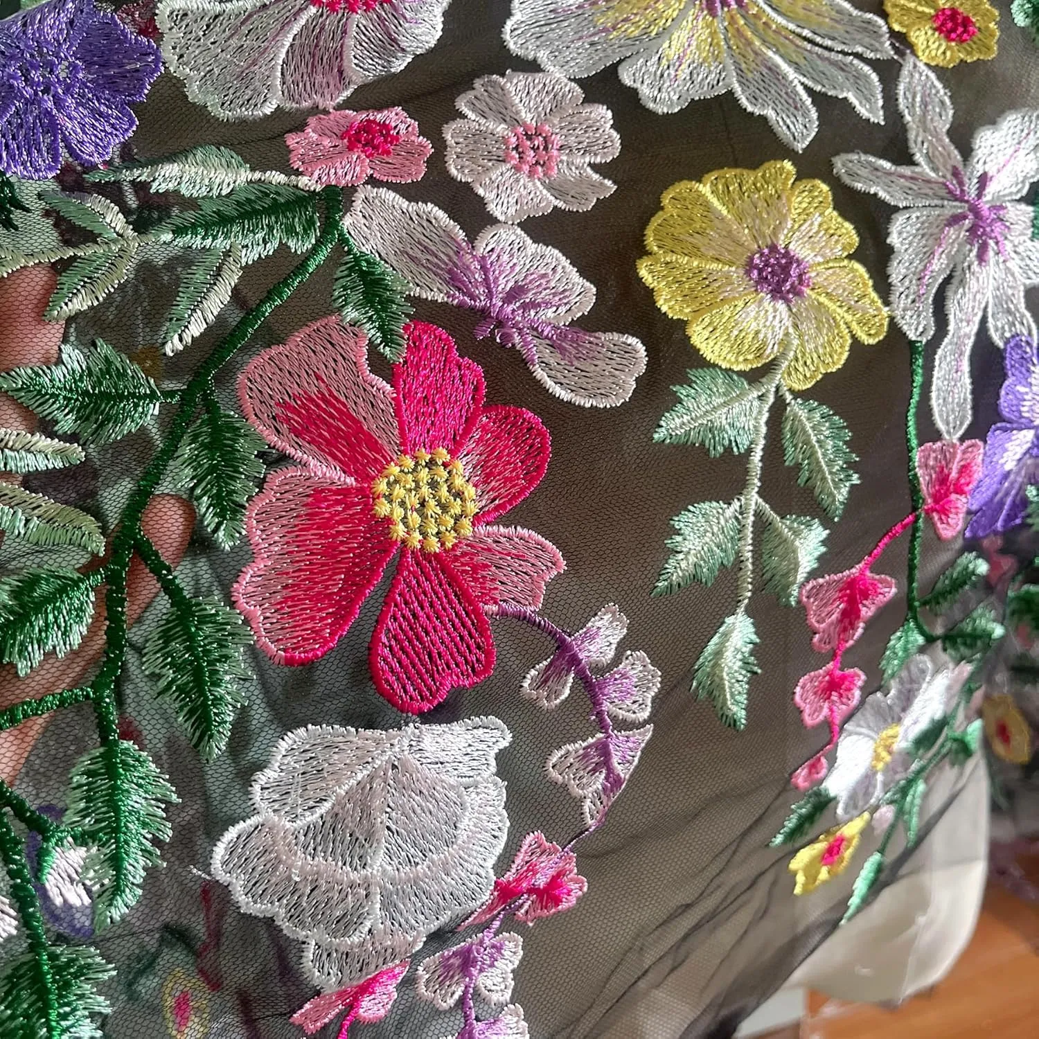 Floral Embroidered Lace Fabric, Pink, Purple, Yellow Flowers on Gray Background (Black mesh, Cut by The Yard)